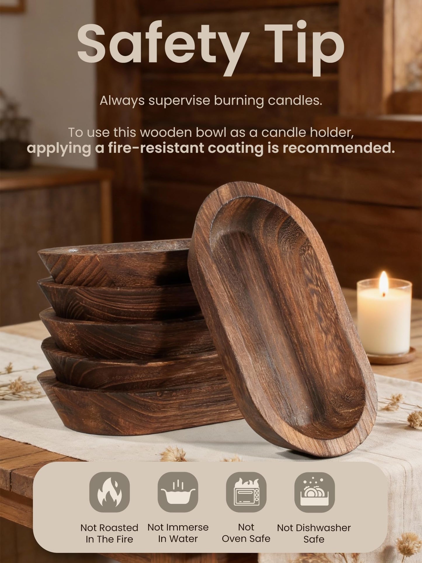 Duseu 6 PCS Wooden Dough Bowls for Candle Making, 9.45 x 5.5 x 1.57 inch Rustic Dough Bowls Bulk for DIY Crafts Farmhouse Supplies Decoration, Brown