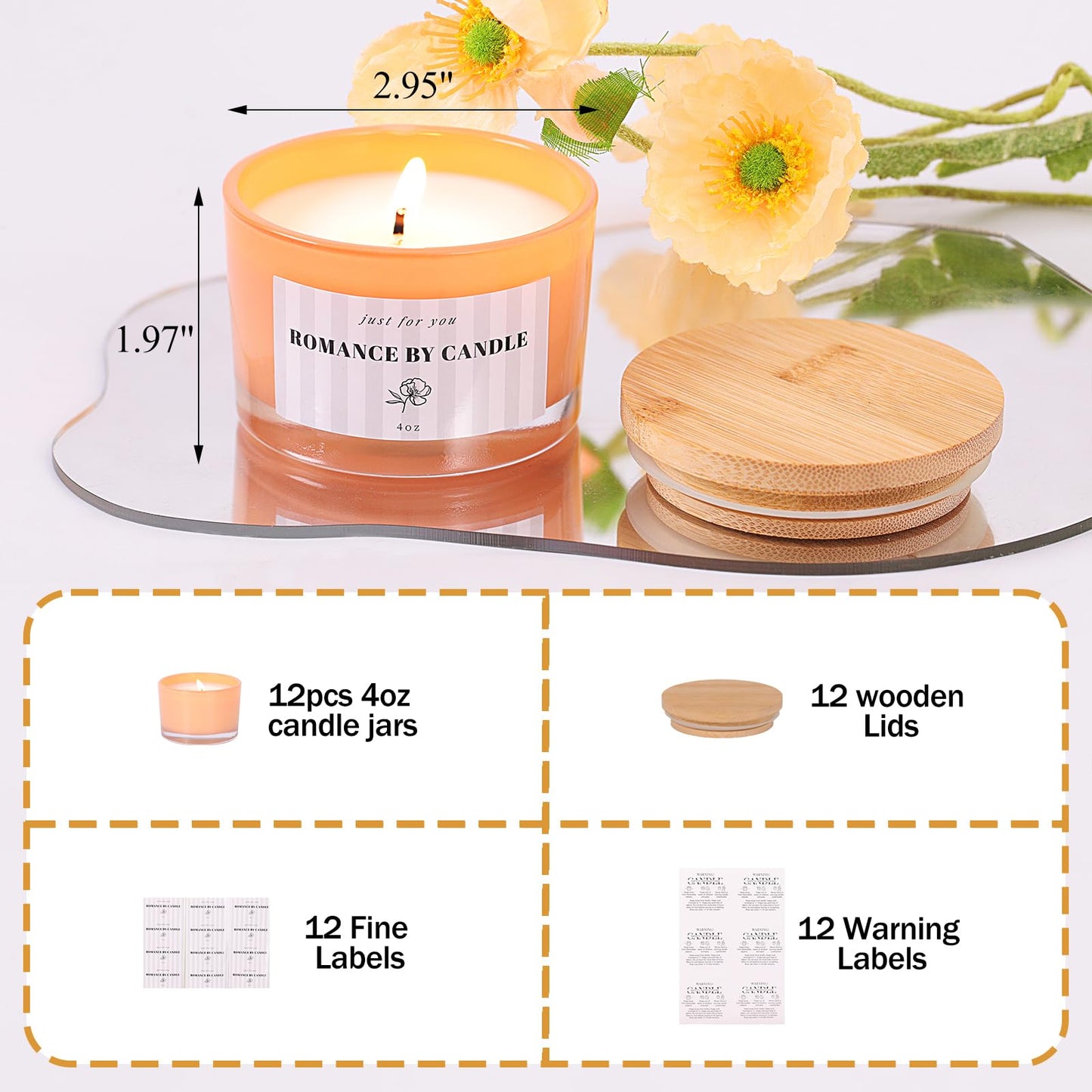REISEN 12 PCS Orange Candle Jars for Making Candles, 4 OZ Glass Jars with Bamboo Lids and Sticky Warning Labels, Candle Containers for DIY Gifts, Candle Making Supplies