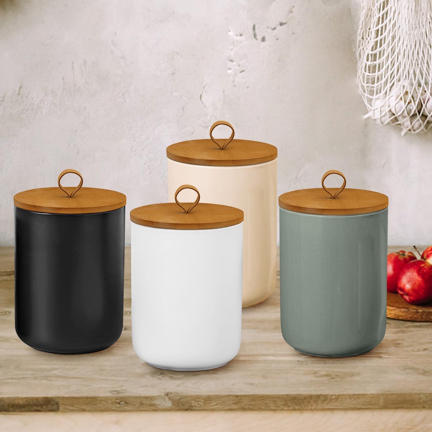 Jueison Large Ceramic Storage Jars, Modern Elegant Highly Polished Airtight Gorgeous Storage Canisters with Wooden Lid Food Storage Jar for Kitchen Spice Tea Vanilla Sugar Coffee Beans (Light grey)