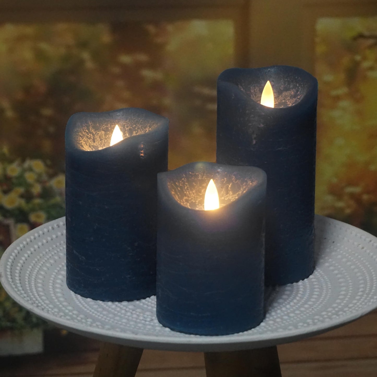 CANDLE CHOICE Real Wax Battery Operated Flameless Candles with Automatic Daily Cycle Timer Realistic Flickering Electric LED Pillars Wedding Party Holiday Decorations Set of 3 Rustic Texture Navy Blue