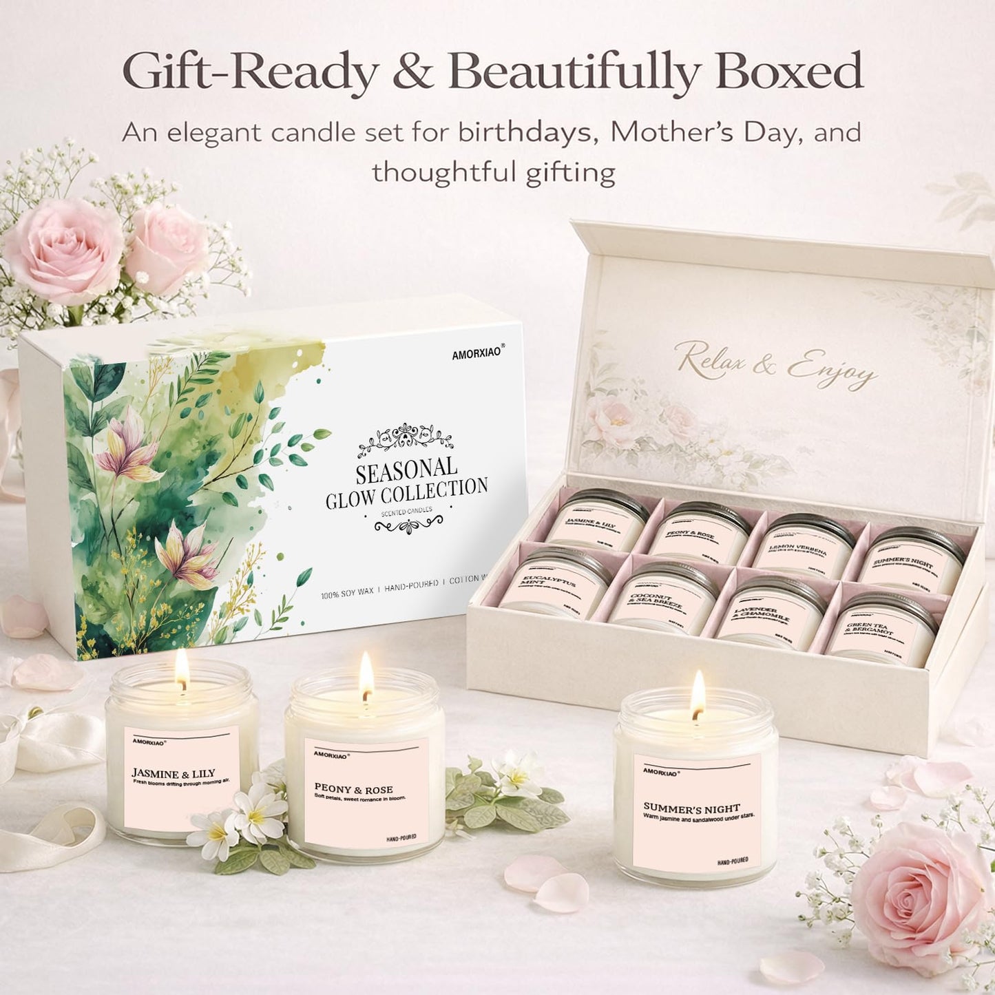 Scented Candles Set, 8 Pack Soy Wax Candles Gifts for Women, Long Lasting Burn Floral Fresh Aromatherapy Scents for Home, Birthday, Holiday, Mothers Day