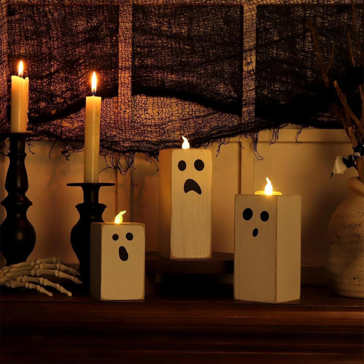3PCS Halloween Wood Tealight Candle Holders Rustic Wooden Ghost Theme Table Sign Blocks with Tea Light Candle Holder for Farmhouse Centerpieces, Office, Tiered Tray, Shelf Décor