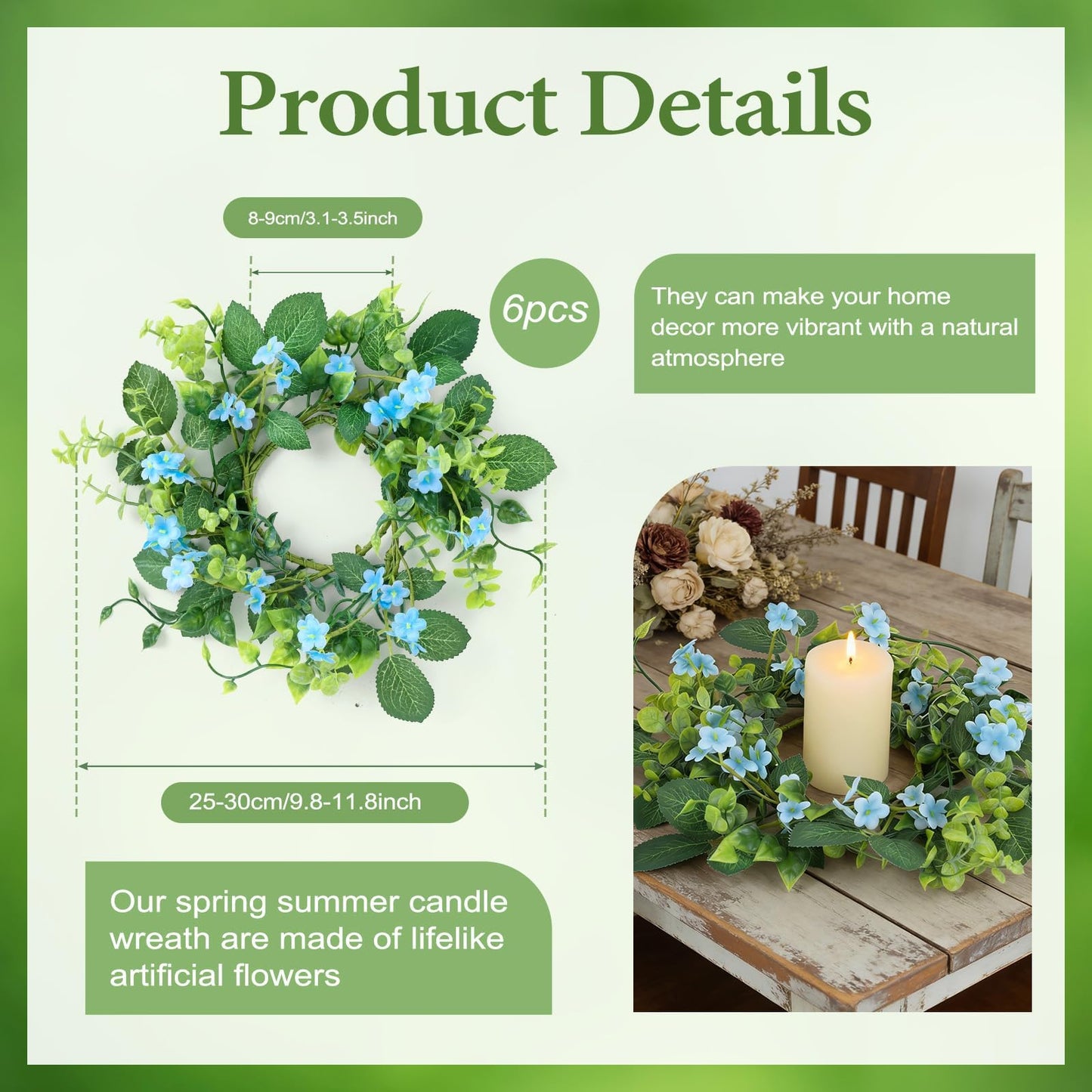 6 Pcs Small Spring Summer Candle Ring Wreaths with Artificial Green Leaves and Trailing Vines Mini Candle Holder Wreath with Blue Flowers for Home Kitchen Table Centerpieces Front Door