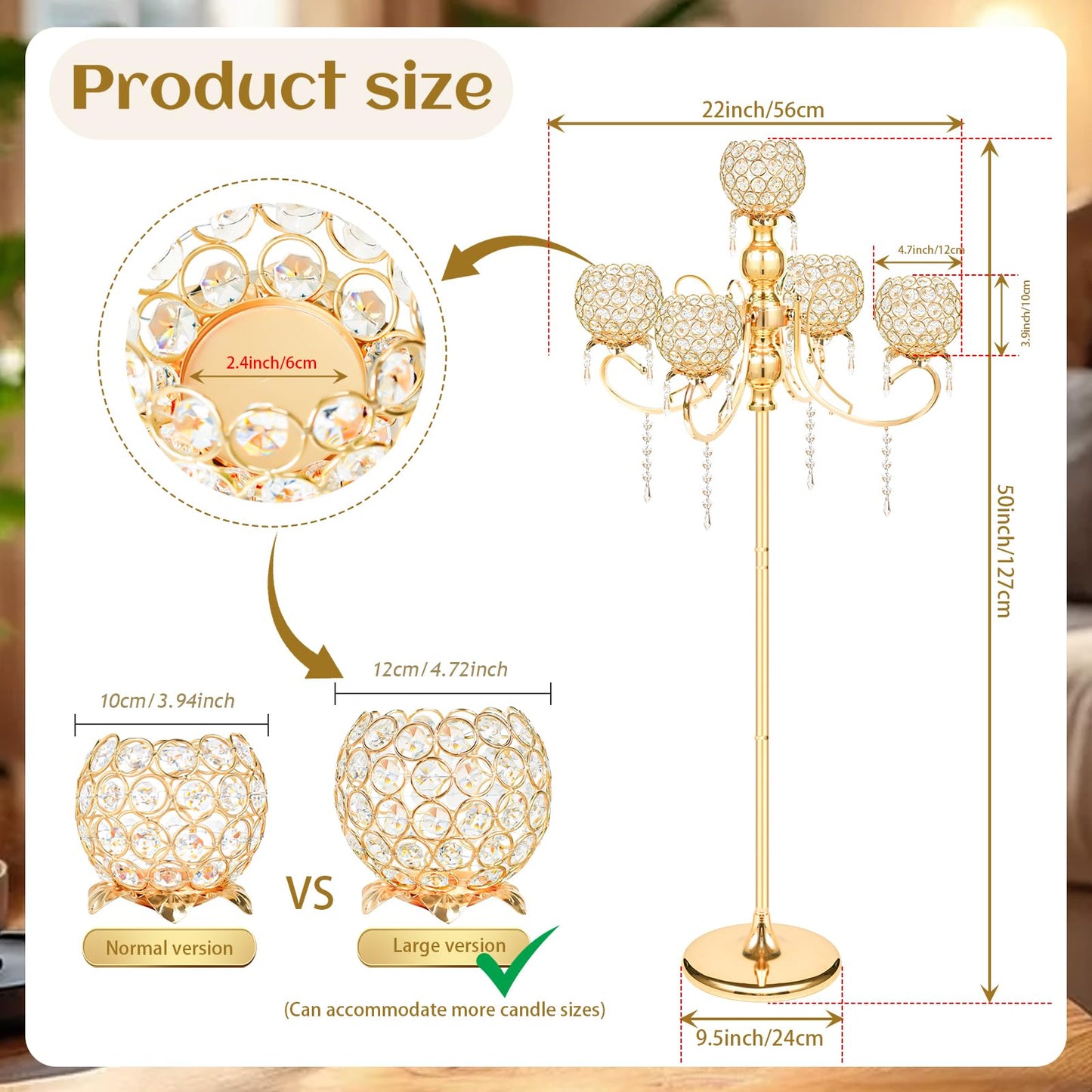 50" Tall Large Elegant Crystal Candelabra/Candlestick Holder Centerpiece for Weddings, Parties & Reception Decoration, Tealight Tray & Gorgeous Floor Candelabra Home Decor(Gold-1pc, 5-Arm)