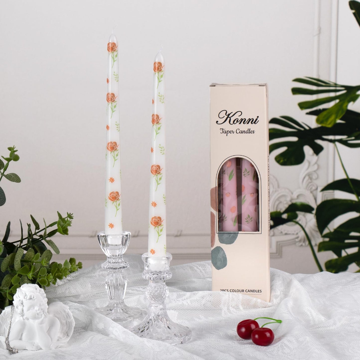 Taper Candles,10 inch 2pc White Tapered Candles with Red Rose Printed, Unscented and Smokeless Long Burning Candles,Tall Candlesticks with Cotton Wicks,Ideal for Weddings, Home Décor