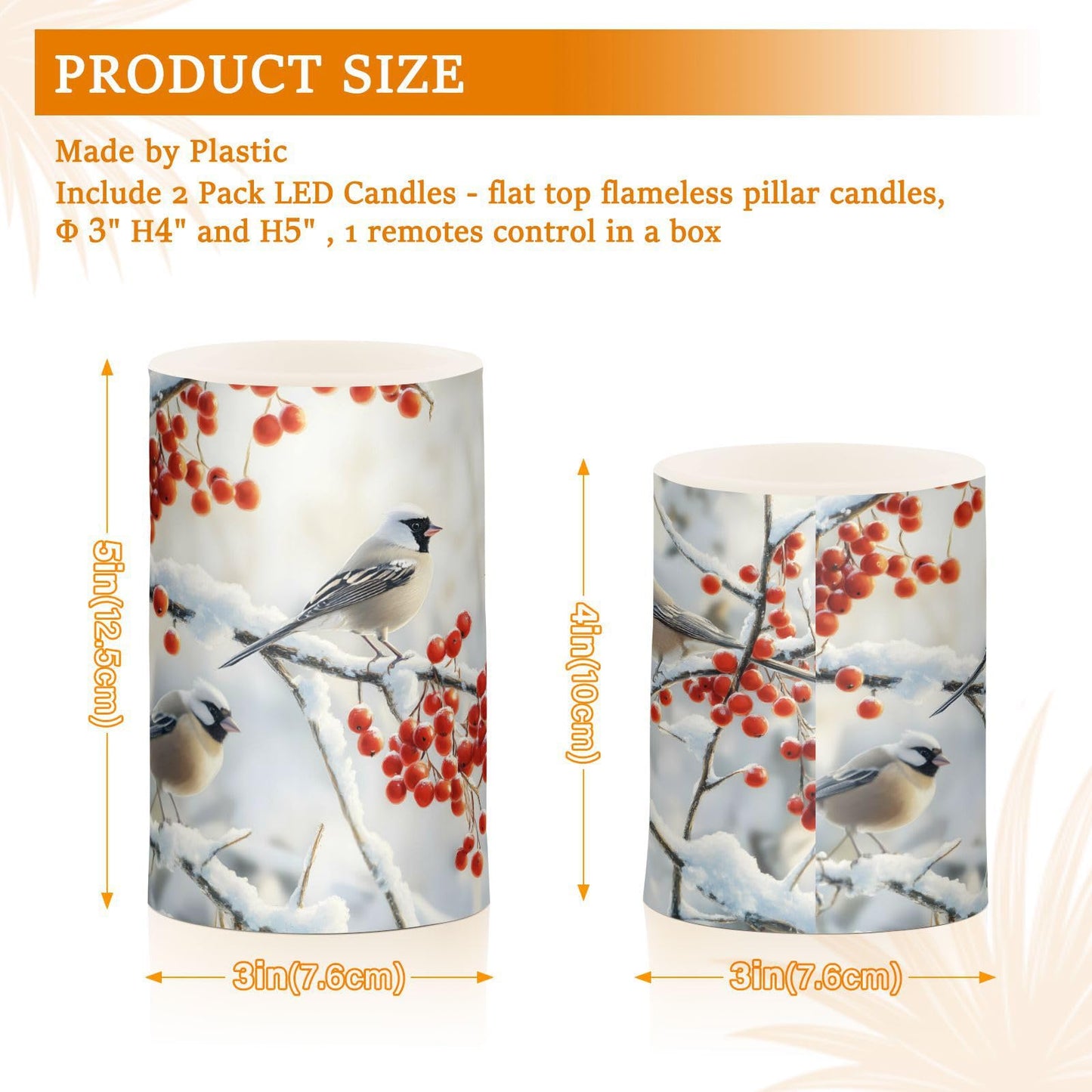 ALAZA Christmas Winter Bird Cherry Snowflake Flickering Flameless Candles Battery Operated with Remote Timer,Tea Light Candles LED Pillar Votive Candles Set of 2 for Outdoor Indoor Decorations