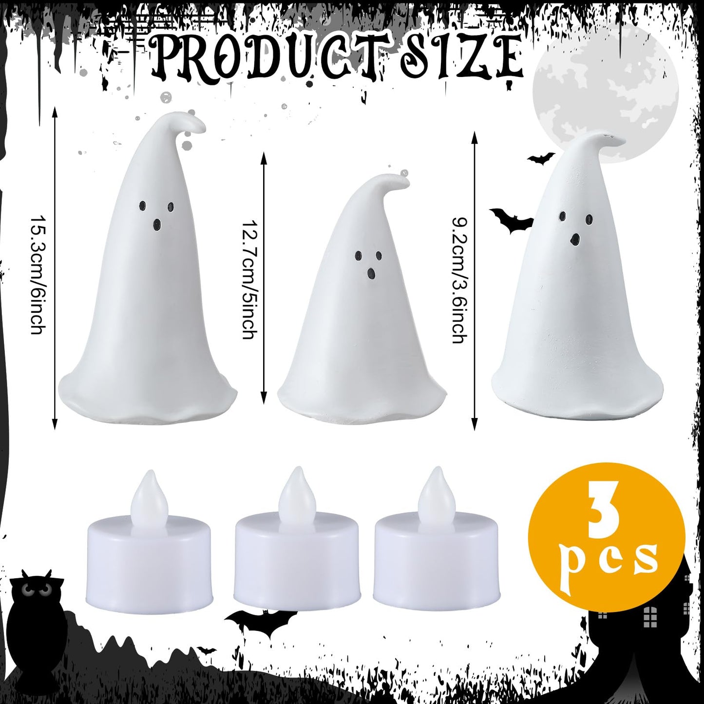 Colingmill Halloween Resin Ghost Figurine with 3 LED Tea Lights, Ghost Candle Holder Set of 3, Spooky Tabletop Indoor Halloween Light up Decor for Holiday Party, White Hollow Spooky Sculptures
