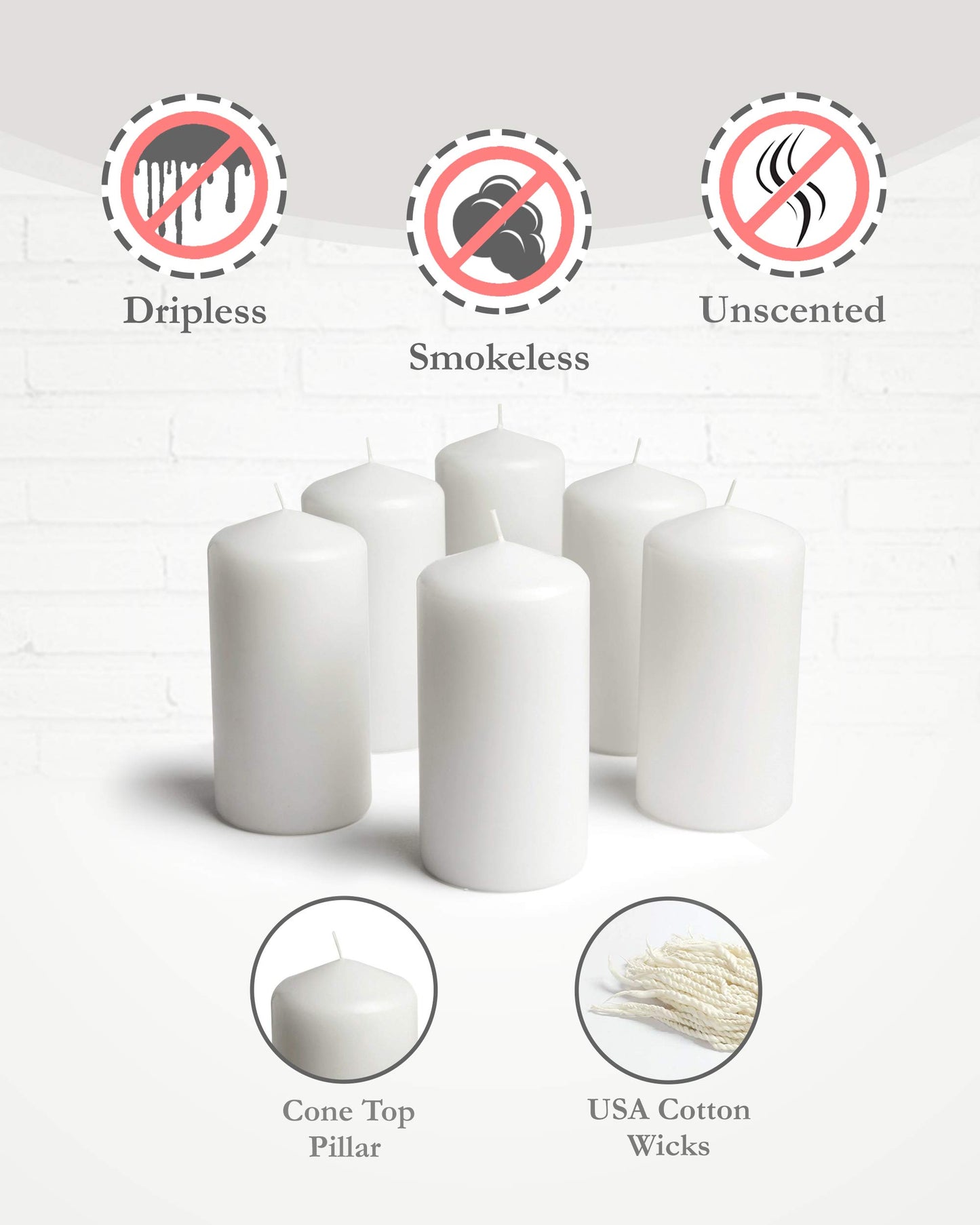 Cone Top Pillar Candles by Bask - Set of 6-3" x 6" Dripless Unscented Candles in White for Home Decor, Relaxation & All Occasions