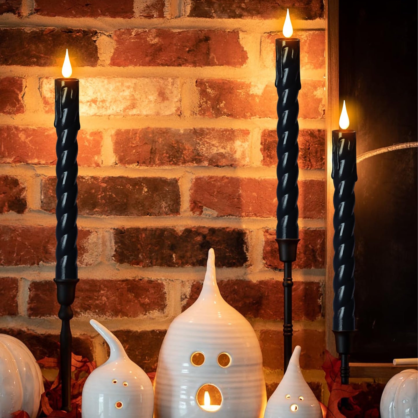 DRomance Flickering Flameless Taper Candles with Remote and Timer, 2 Pack Battery Operated LED Taper Candles 3D Wick Plastic Dripping Effect Dinner Halloween Indoor Decor(Black, 0.78" D x 9.65" H)