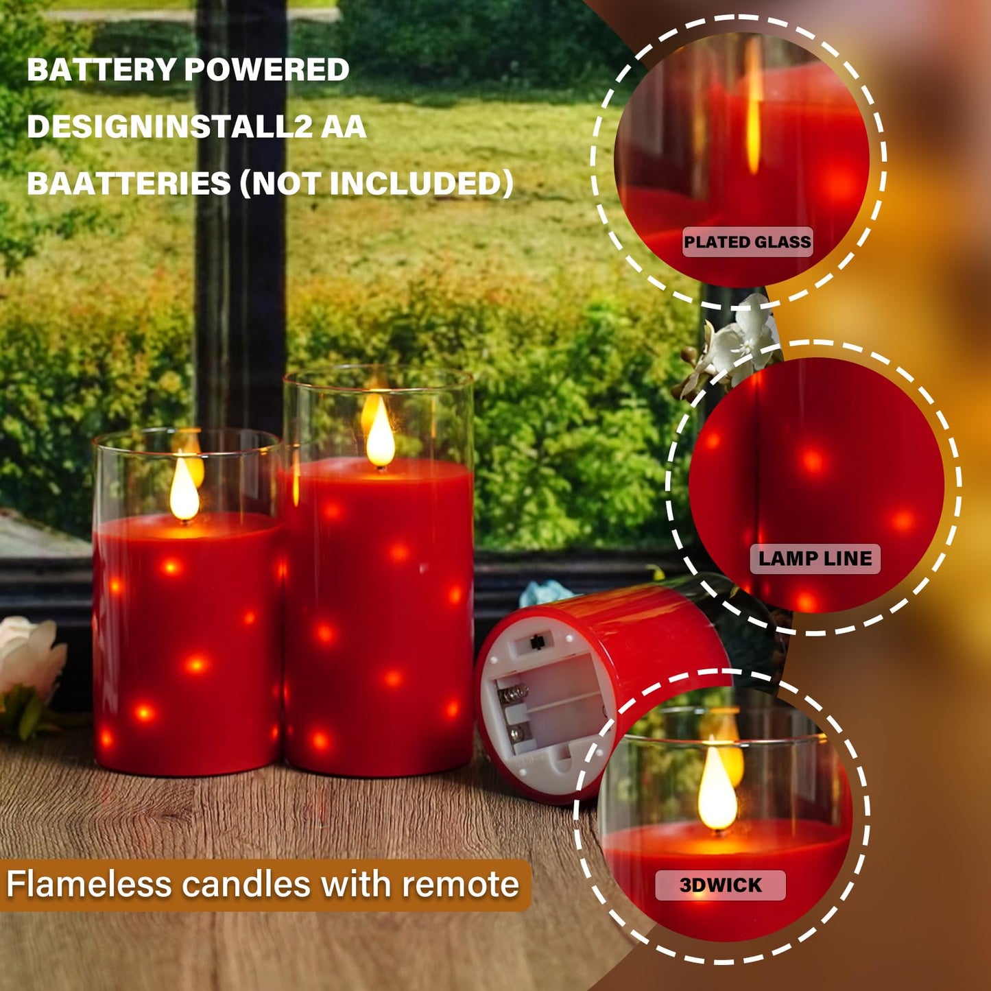 Nimiko Real Wax Flameless Candles Glass,Battery Operated LED Candles with Flickering Flame,Glass Shell,Interior Star Light Decoration Set of 3 Red (D3×H 4" 5" 6") for Home Decor,Holiday Decoration
