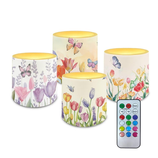 NETILGEN Tulips Flolwer Butterfly 4 Packs Decorative Flameless Candles 3 inch LED Pillar Candles with Remote Timer Control Battery Operated Color Changing Candles