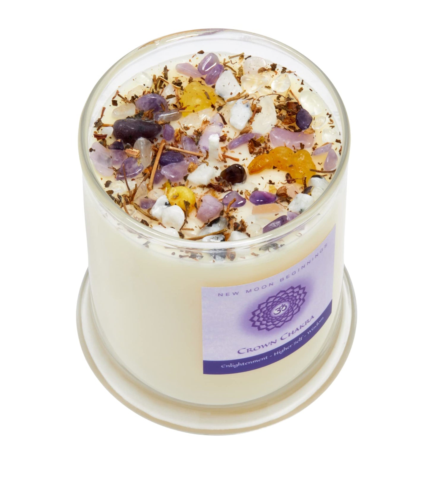 Crown Chakra Candle by New Moon Beginnings - Chakra Candles - Dried Flower, Herb, & Crystal Candles - Aromatherapy Candles - Soy Candle - 12oz Glass Jar