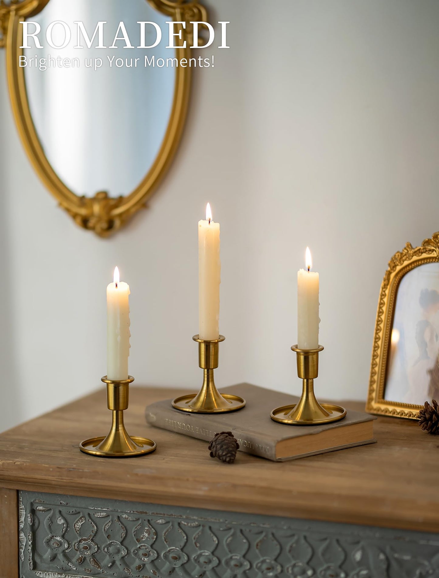 Romadedi Gold Candlestick Candle Holders - Brass Taper Holders Candle Stick for Wedding Table Centerpiece Festive Christmas Mantel Decoration Home Decor, Set of 6