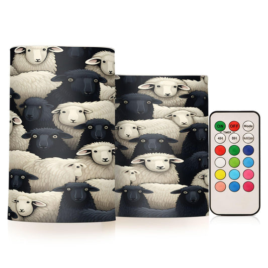 Lights Flameless Candles Black White Lamb Sheer Pillar Candles Set of 2 Battery Operated Remote Control Warm Lights Home Decor