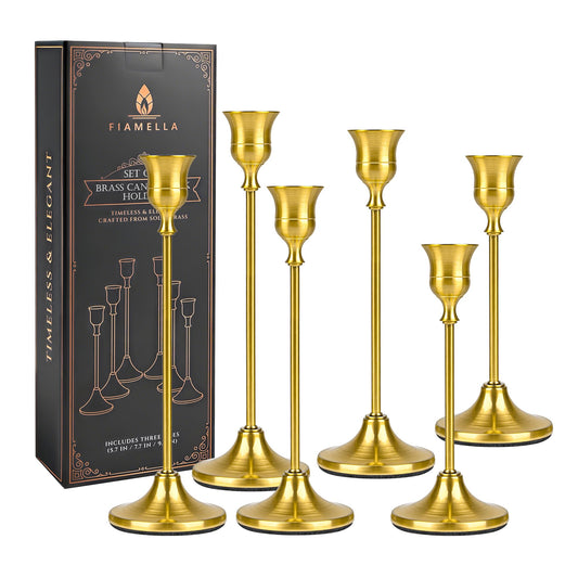FIAMELLA Candlestick Holders Set of 6 Solid Metal Tapered Candle Holders, Vintage Gold Tall Stick for Wedding Dining Table, Mantel & Antique Home Decor