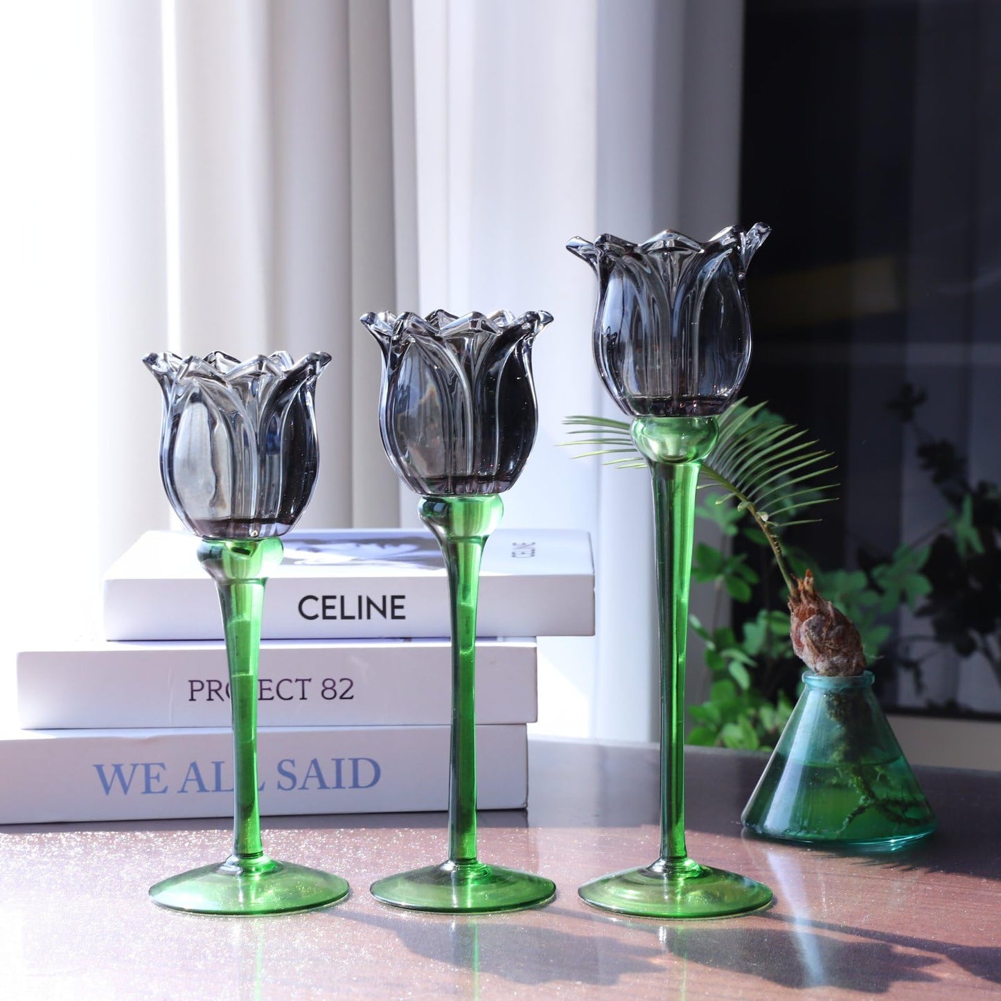 VOHO Light Black Flower Tealight Candle Holder Set of 3, Holiday Decorative Votive Candle Holders for Halloween Theme Party, Different Heights Tulip Tea Lights Candle Holder for Modern Farmhouse Decor