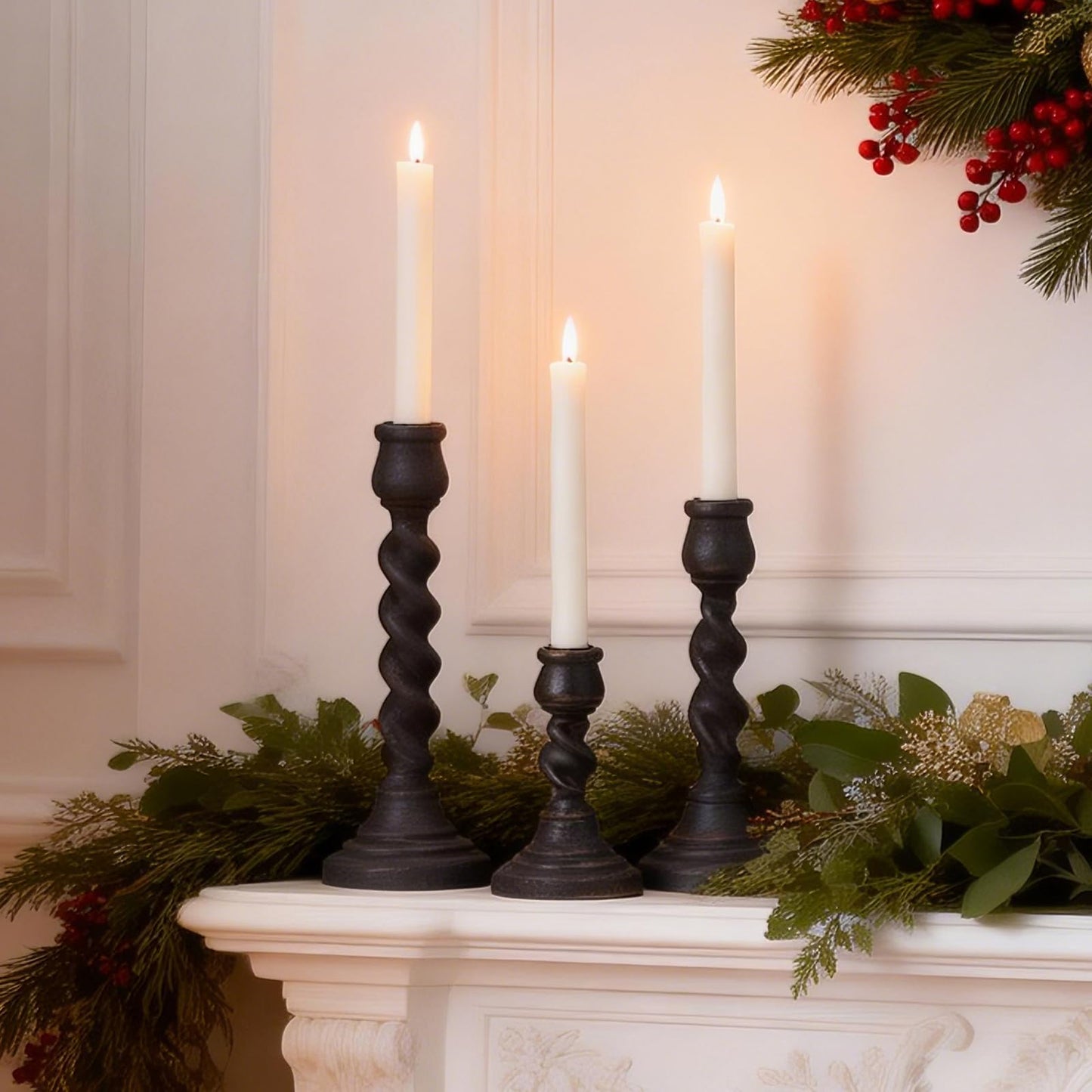 Candlestick Holders, 3 Pcs Rustic Black Candle Holder for Pillar Candles, 100% Solid Wood Decorative Candle Holders Distressed Wooden Farmhouse Candle Holder Large for Fireplace Table