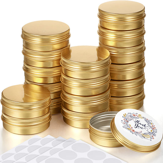 Patelai 2 oz Gold Metal Round Tins Aluminum Tin Cans Salve Tins Containers with Screw Lid 10 Sheets Stickers for Salve Spice Candies Balms Candles, 36 Pack (Classic Style)