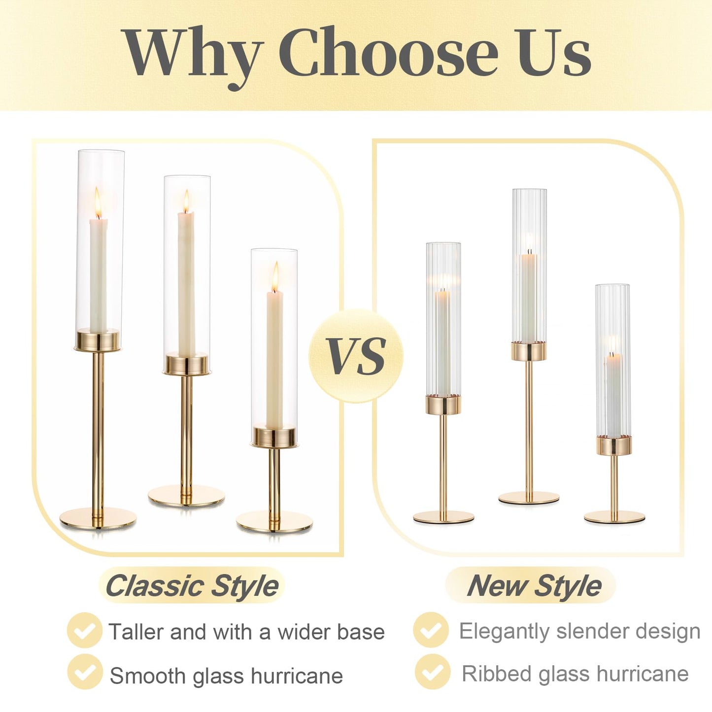Hewory Gold Candle Holders Hurricane Candlestick Holders, 6Pcs Candle Stick Candle Holder Candelabra, Taper Candle Holders with Glass Candle Cover for Wedding Table Centerpiece Christmas Decor
