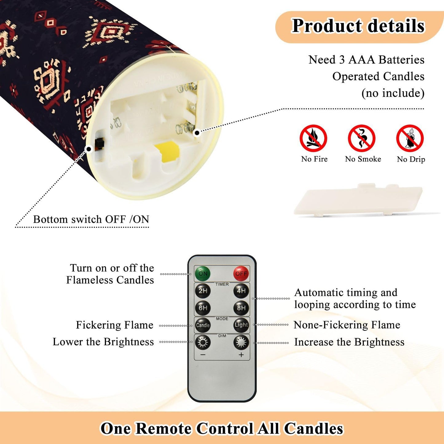 Gravopti Tribal Ikat 2 Pack Flameless LED Pillar Candles with Remote & Timer, Battery Operated, Flickering Wax Candle for Wedding, Romantic Home & Party Decor