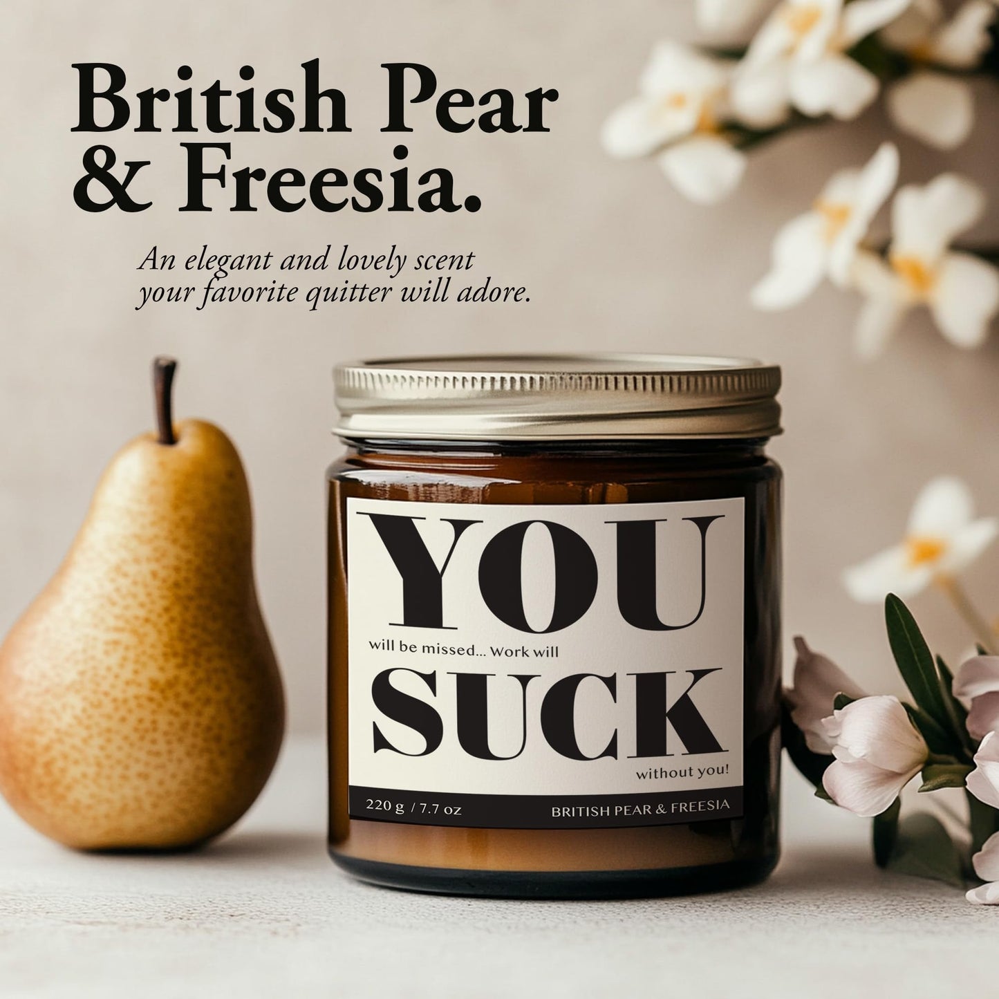 7.7oz Funny Candles for Coworkers by SIKO - British Pear & Freesia - Natural Soy Wax, Non-Toxic, Long-Lasting Aromatherapy Candle with Gift Card - Coworker Leaving Gifts for Women & Men - (You Suck)