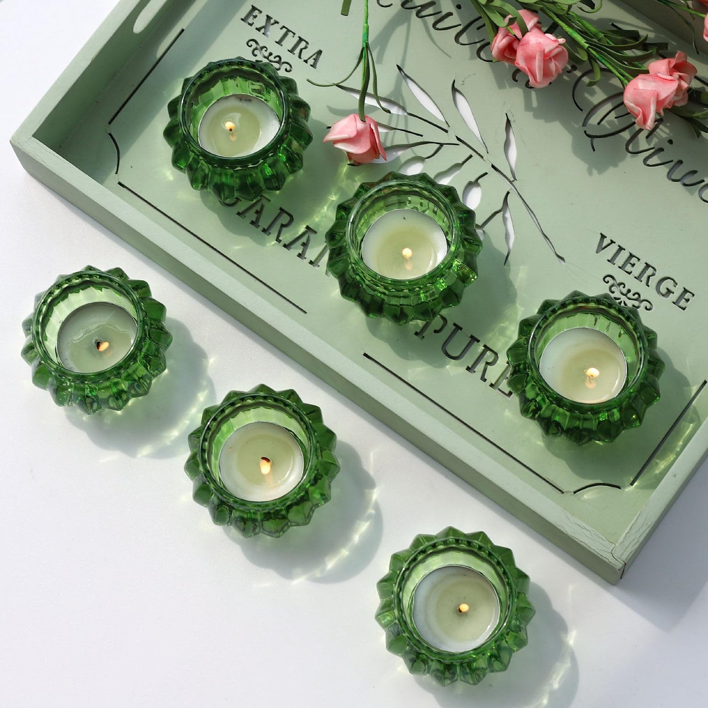 Woho Green Tea Lights Candle Holder Set of 12, Green Votive Candle Holders Bulk for Wedding Table Centerpiece, Tealight Candle Holder for Christmas Party Home Decor