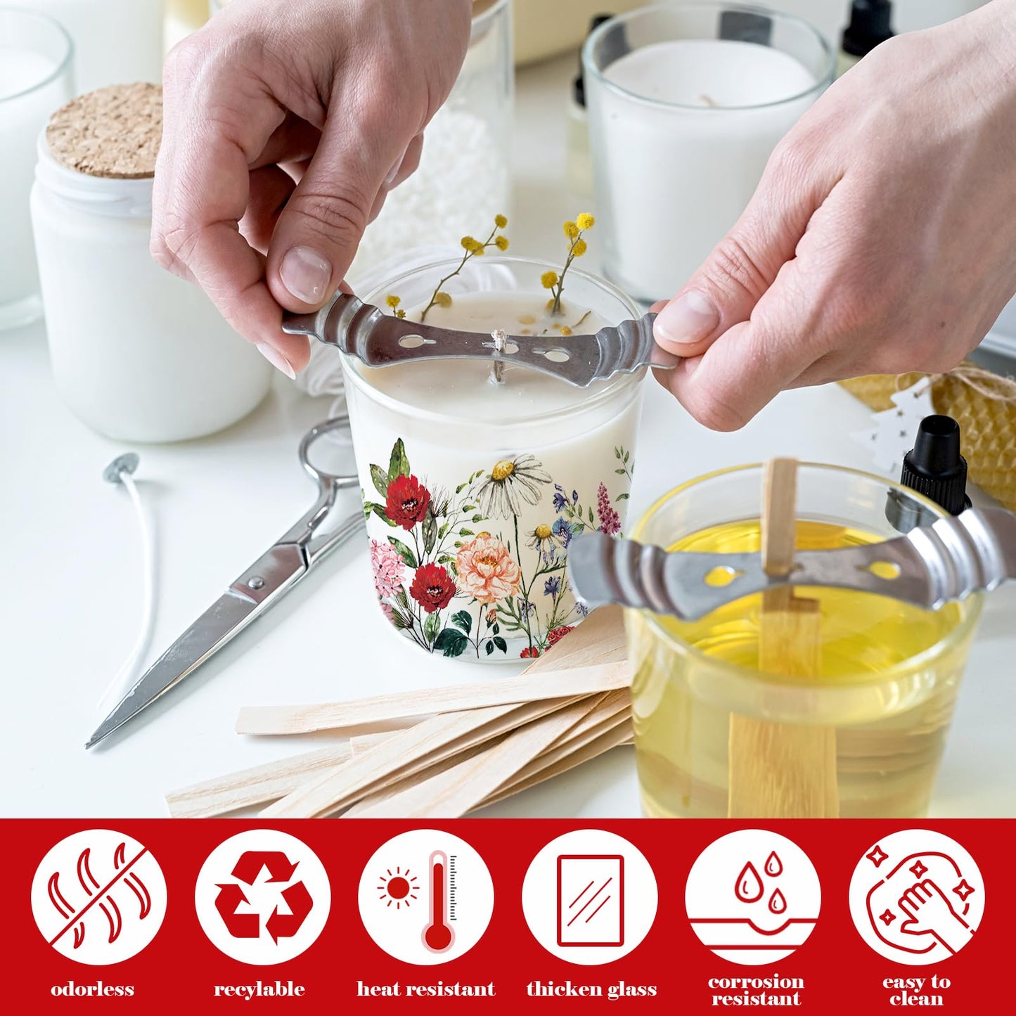Whaline 12Pcs Wildflower Empty Candle Jar with Wooden Lid 7 oz Spring Floral Glass Candle Container for Candles Making Storing Kitchen Table Centerpiece Decoration