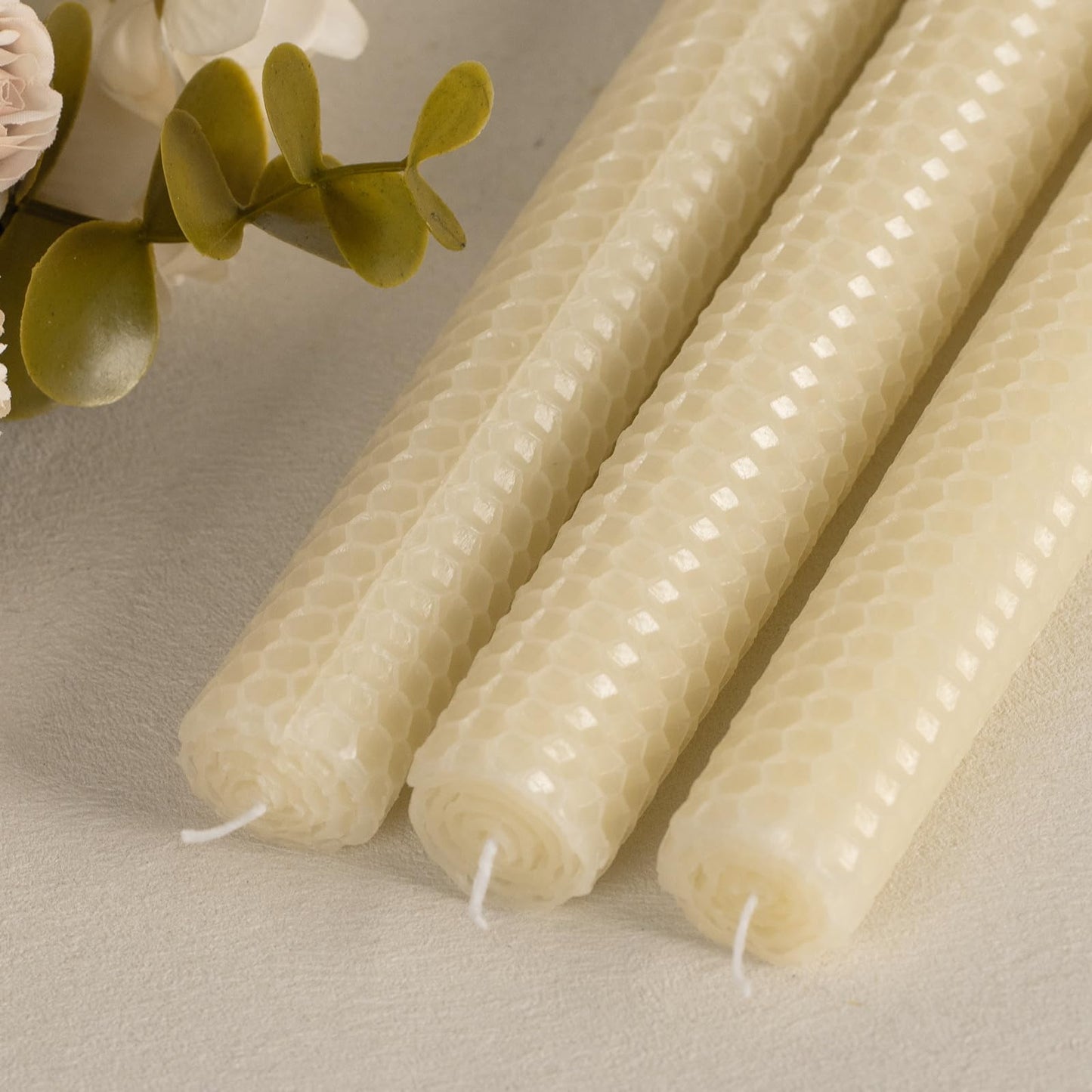 KONNI Natural Beeswax Taper Candles, 0.87 inch x 7.87 inch Hand-Rolled, Unscented, Smokeless Beeswax, Long Burning Time, Flat Top (Pack of 3), for Weddings, Dinner Parties, Spas, and Home Decor