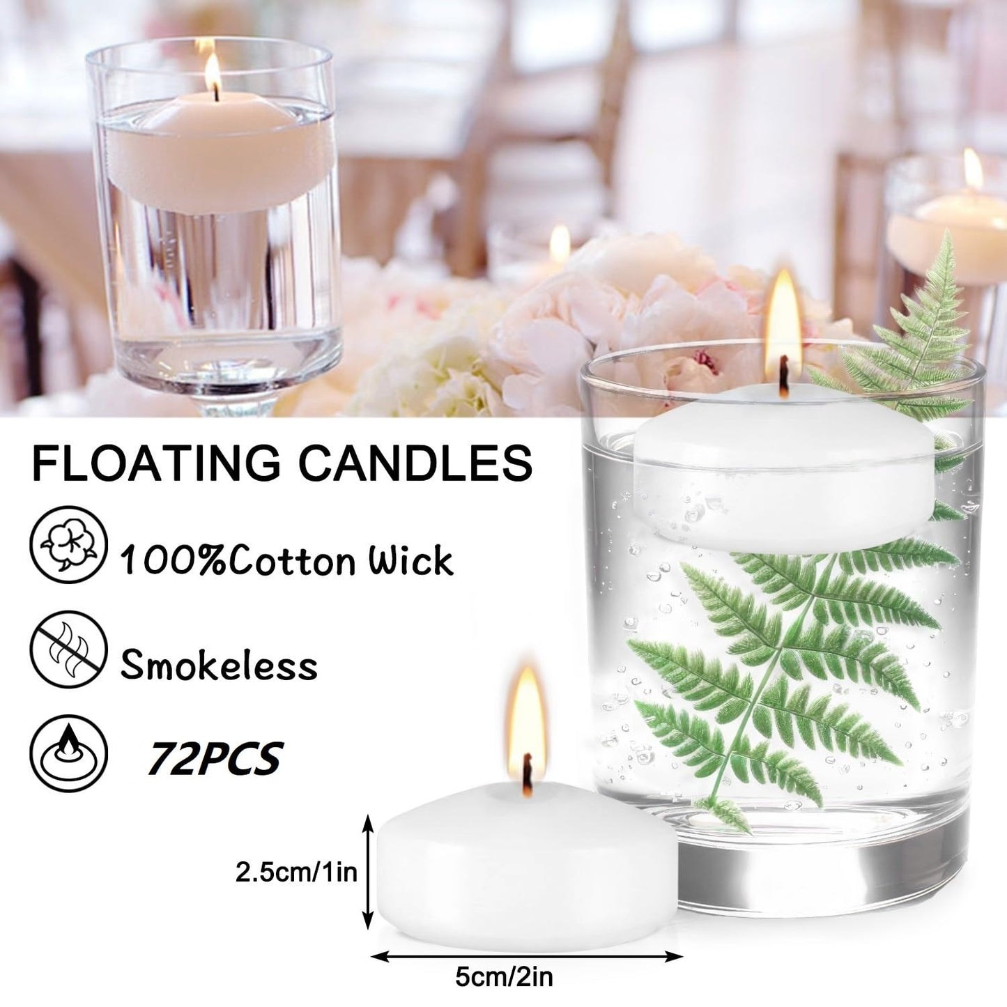 72 Pack 2-Inch Floating Candles - Perfect for Weddings and Events - White