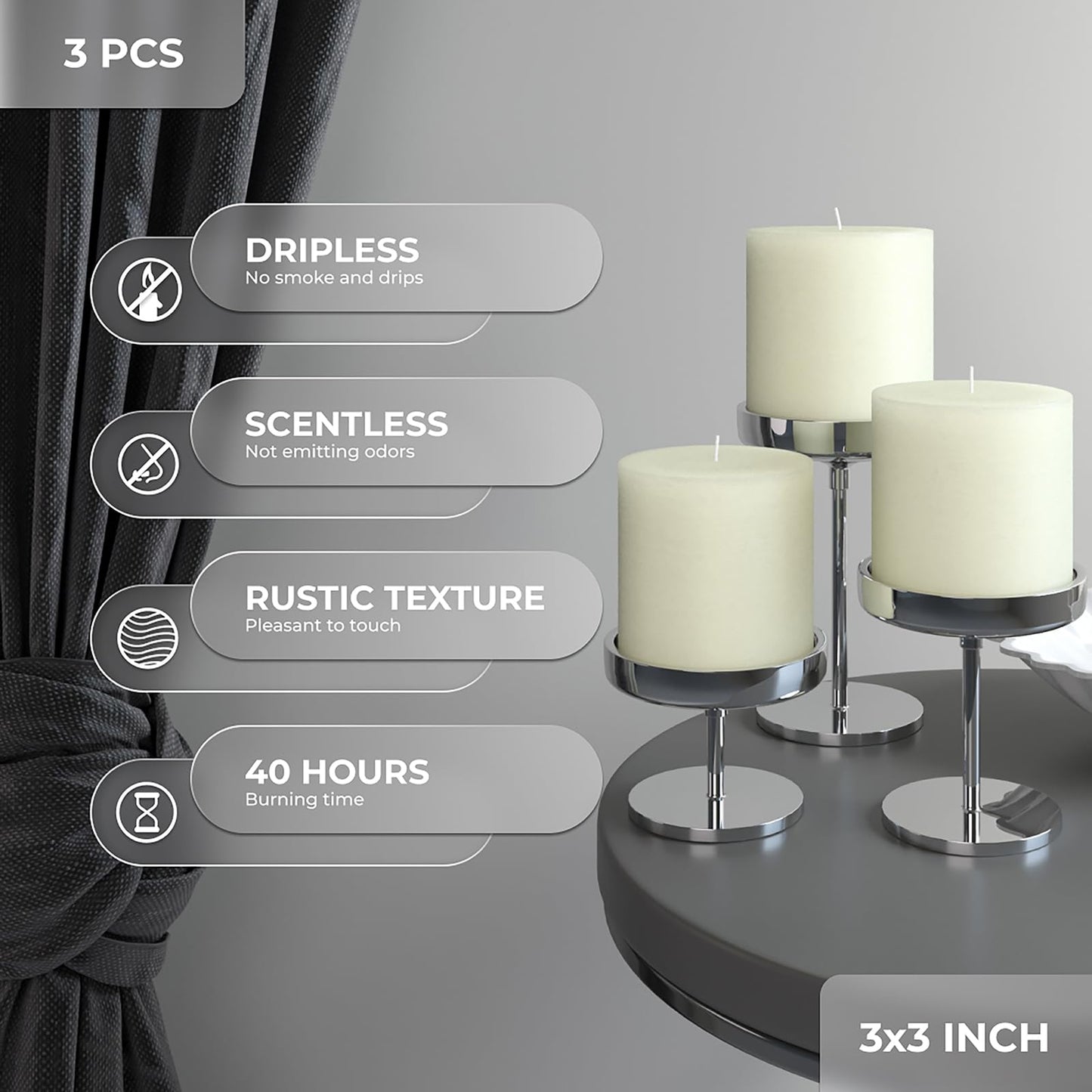 CANDWAX 3x3 Pillar Candles Set of 3 - Rustic Unscented No Drip Ivory Candles for Home Decor, Weddings, Centerpieces