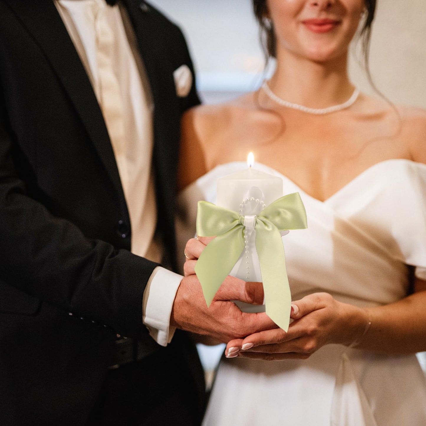 Conelist 3 Pcs Unity Candles for Wedding with Satin Bow and Glass Candle Holder Coquette Unity Pillar and Taper Candles Set Wedding Ceremony Reception Decor for Formal Events Church(Sage Green)