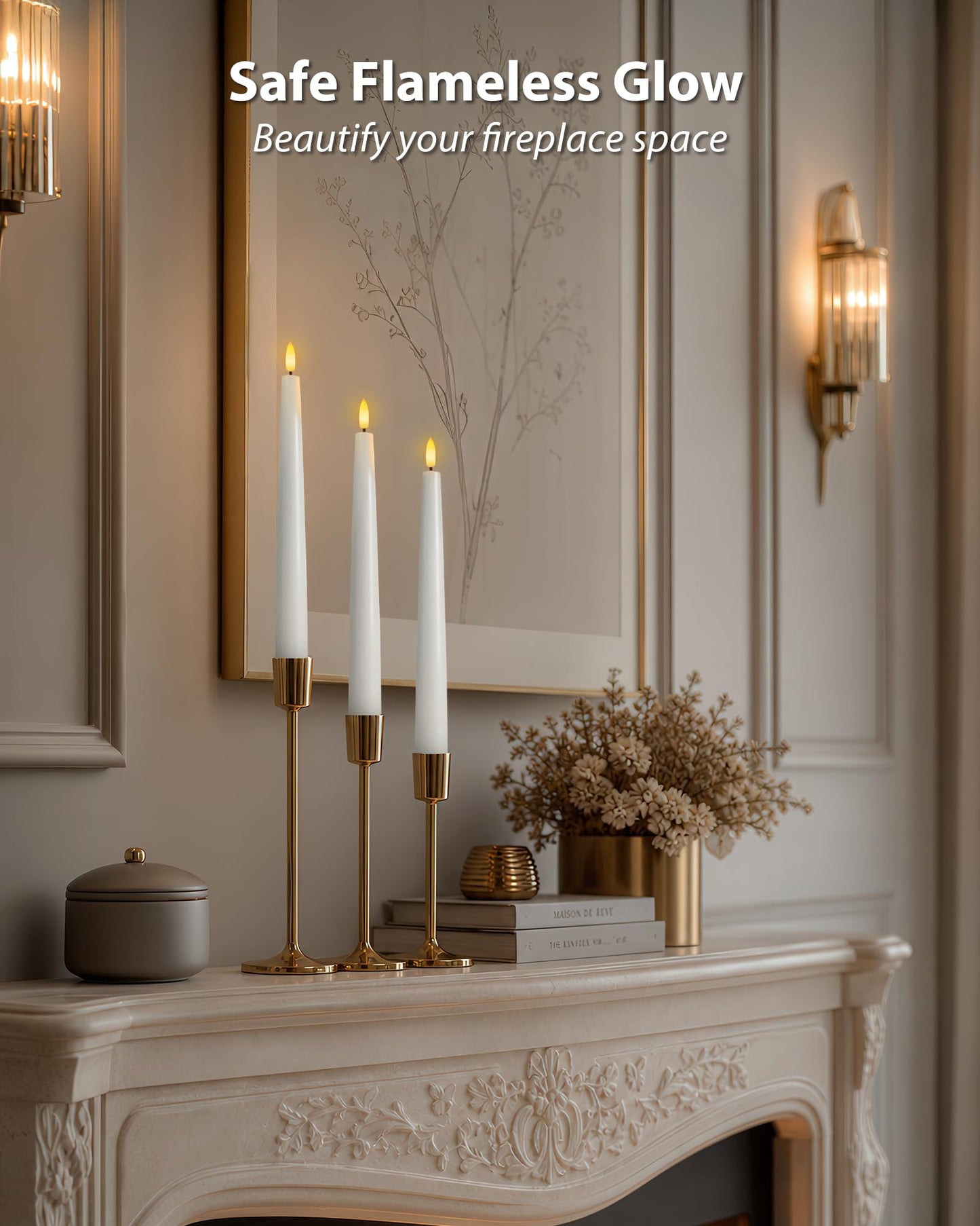 Homemory 9.6 Inches Waxy Flameless Taper Candles with Remote Timer Dimmer, Flickering LED Candlesticks, Battery Operated Window Candle for Christmas Wedding Home Decor, White, 6 Pcs