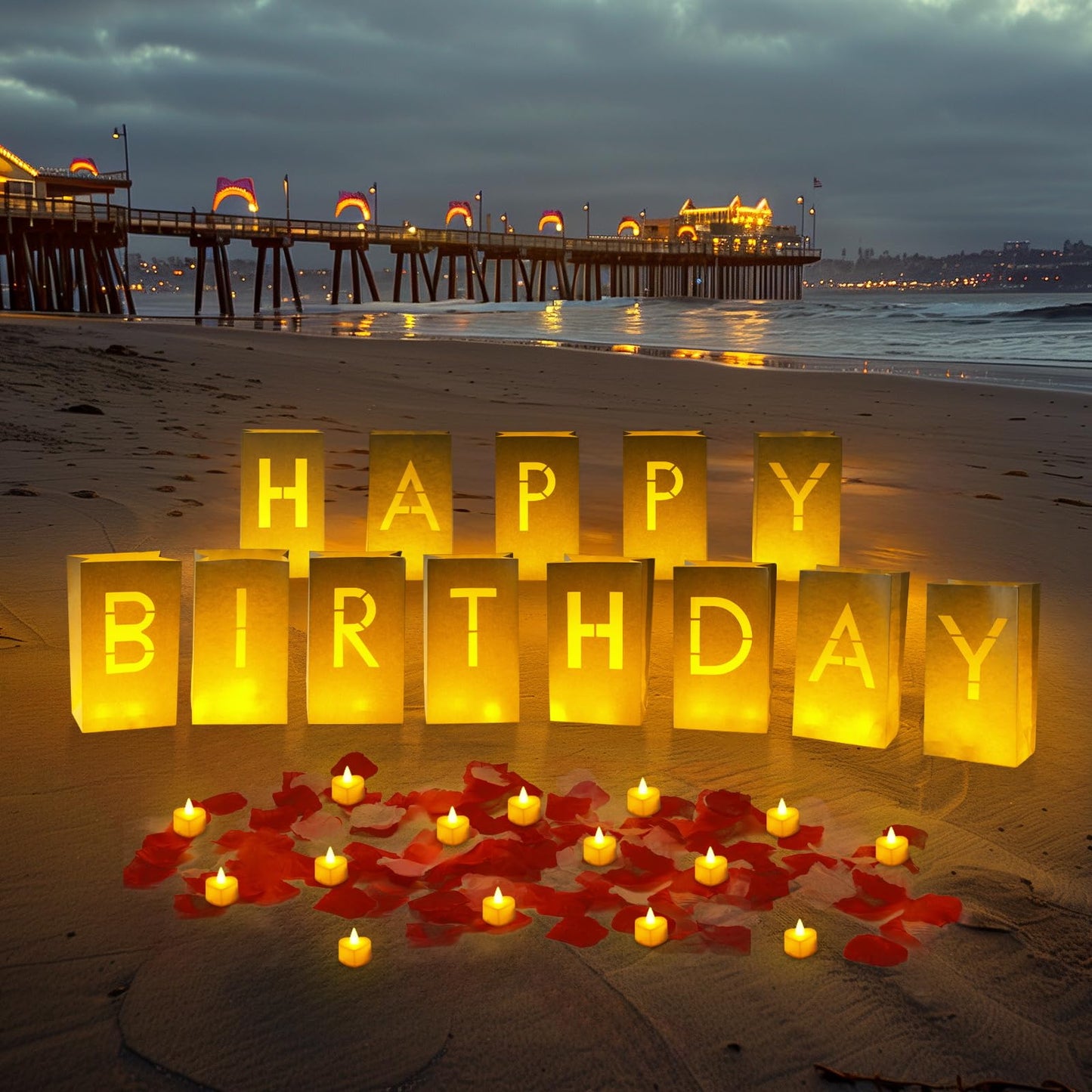 Homemory Happy Birthday Light Up Letters Luminary Bags with Flameless Candles and 2000 Fake Rose Petals, Happy Birthday Banner Sign Party Decoration for Women Men