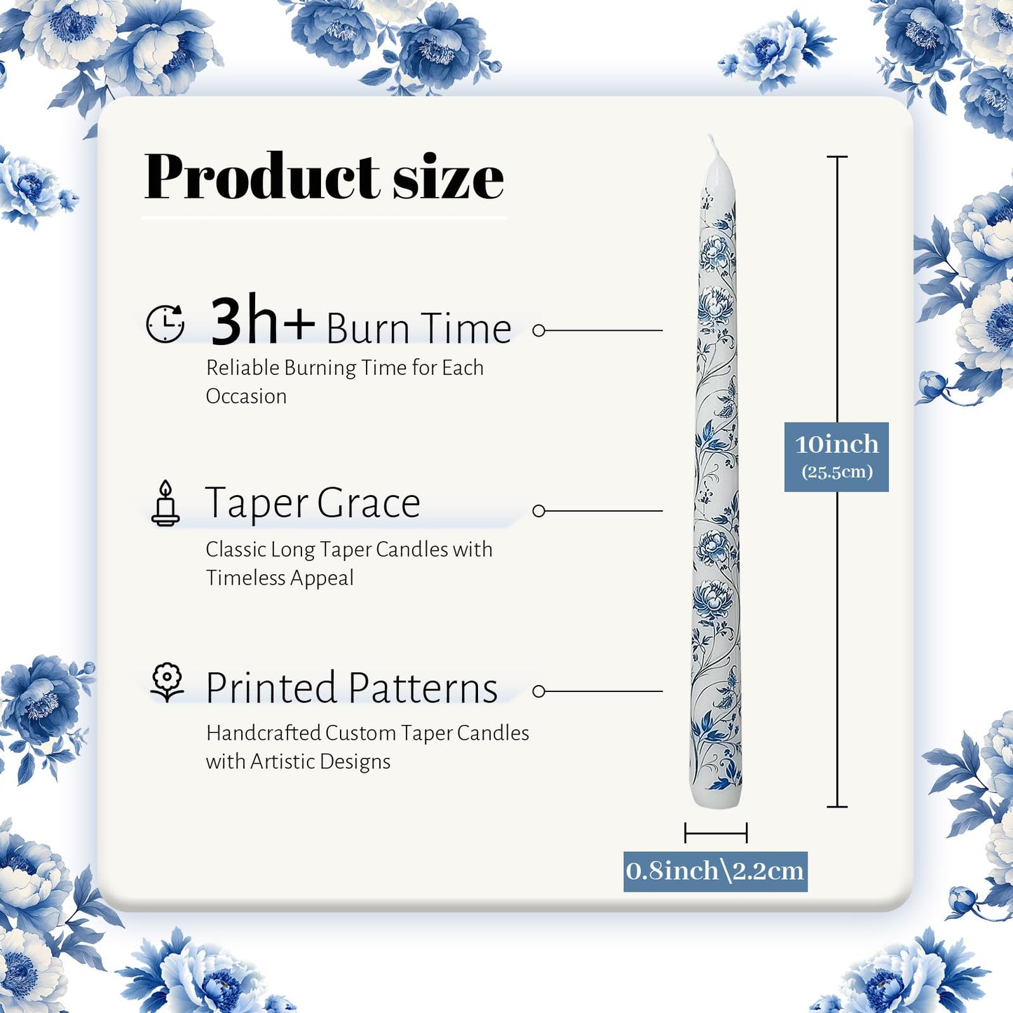 Blue and White Porcelain Taper Candles 10 Inch Print Candle Handmade Unscented Peony Pattern Long Candles 2 Pack Twisted Candlesticks for Wedding Home Decoration Gifts