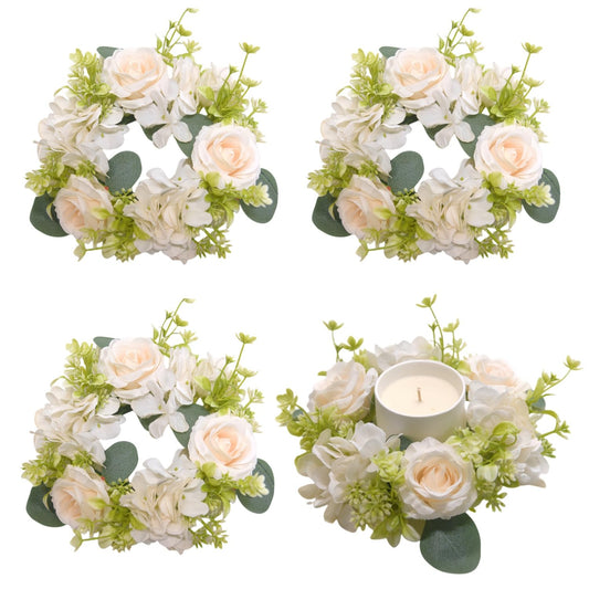 4 Pcs Candle Rings Wreaths,Artificial Hydrangea Wreath Candles Wreaths for Pillars Christmas Wedding Home Table Party Decoration (White)