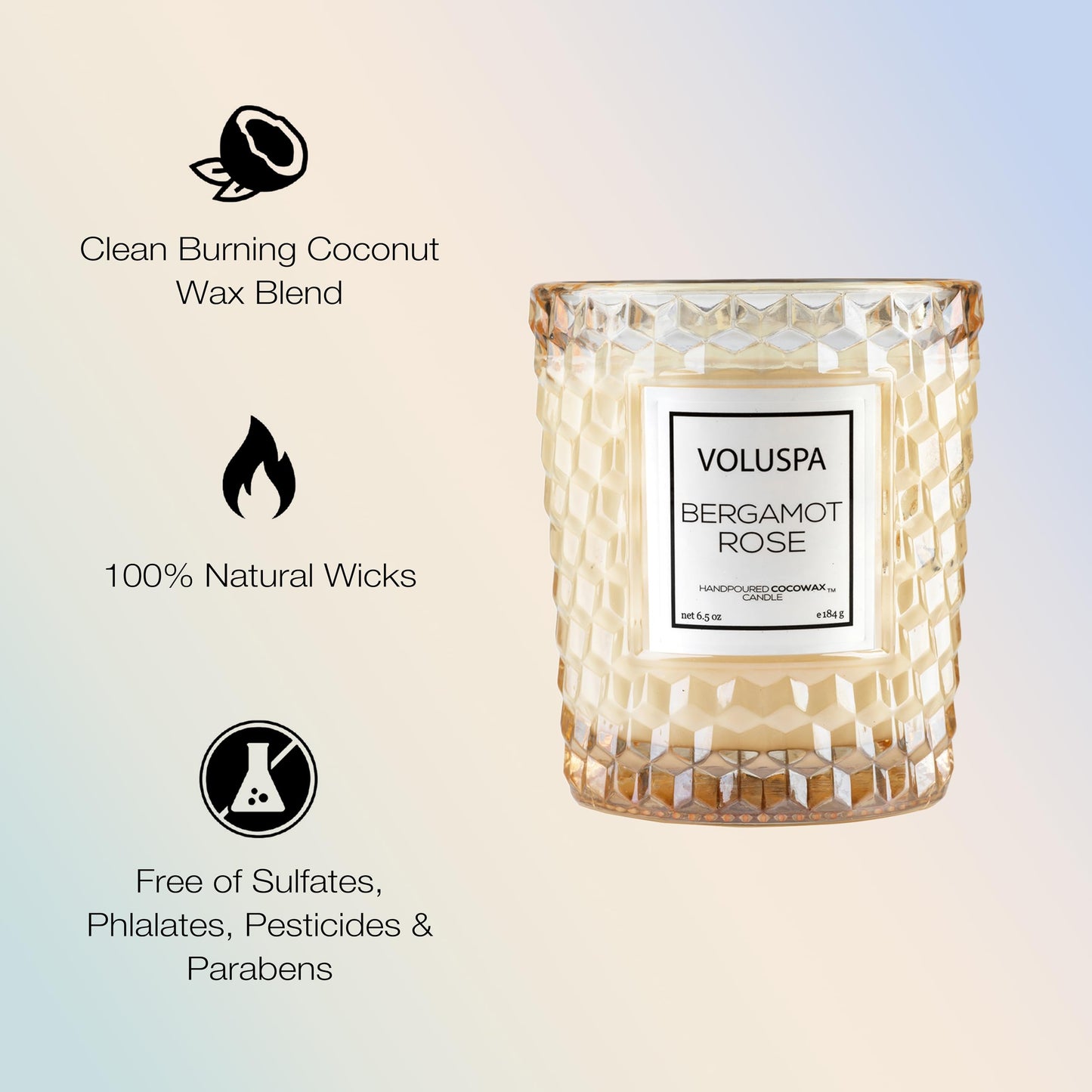Voluspa Bergamot Rose, Classic Candle Jar, 6.5 oz, 40 Hour Burn Time, Coconut Wax for Clean Burning, Handcrafted in the USA