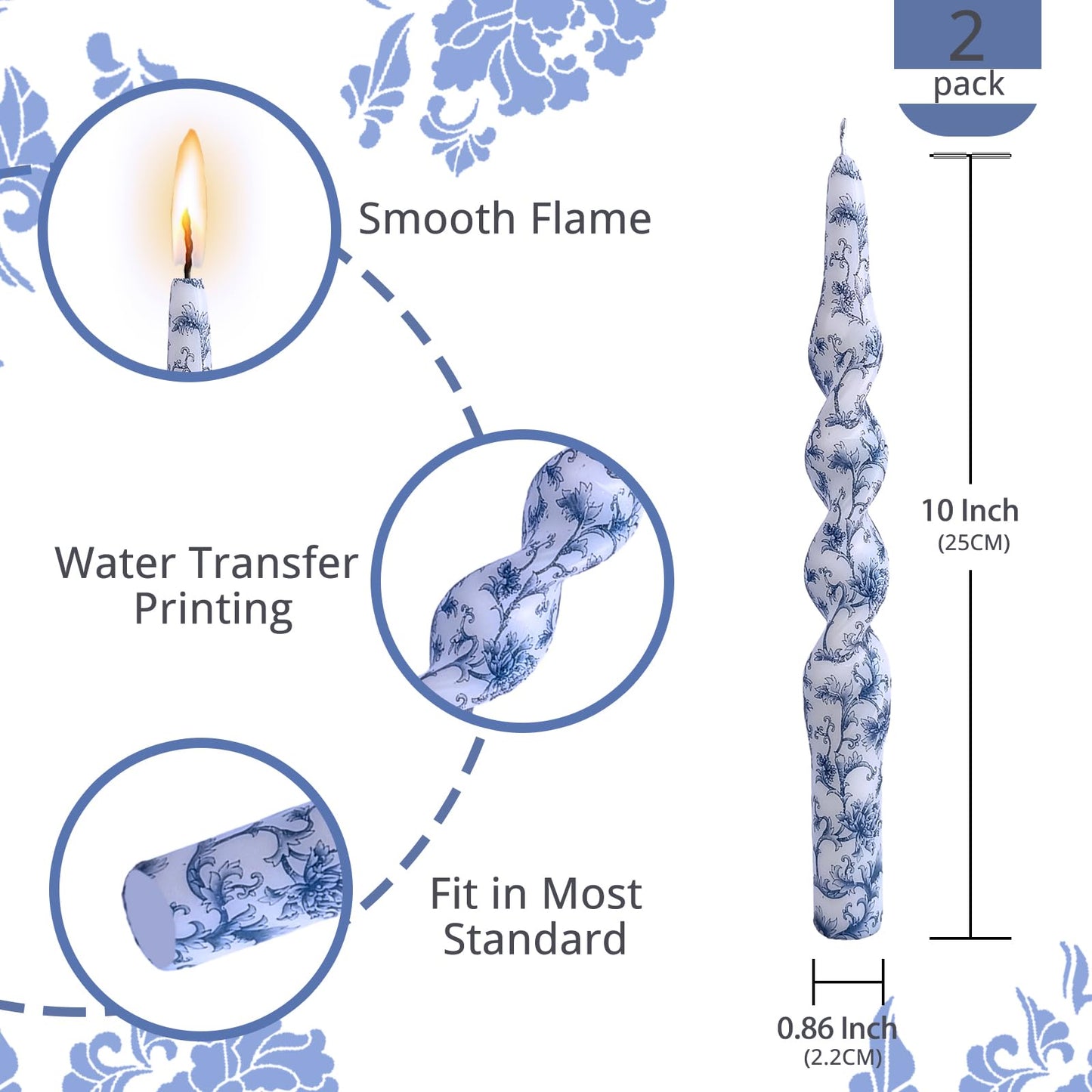 NJAO HOO Floral Taper Candles 10 in Spiral Candlesticks Hand Printed Blue Flower Candlestick Twisted Taper Candle for Home Garden Decor, 2Pcs