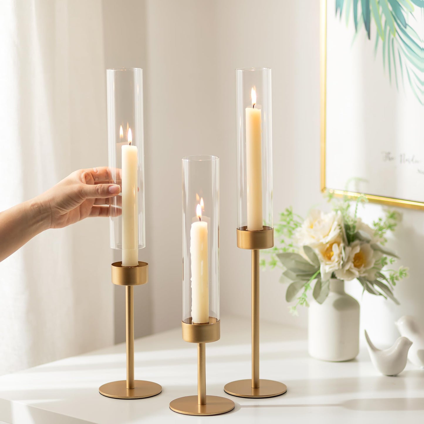Glass Hurricane Candlestick Holders Gold - Romadedi Taper Candle Holder Tall Clear Glass Cylinder Table Centerpiece Wedding Decor Party Birthday Christmas Home Decorations Set of 3