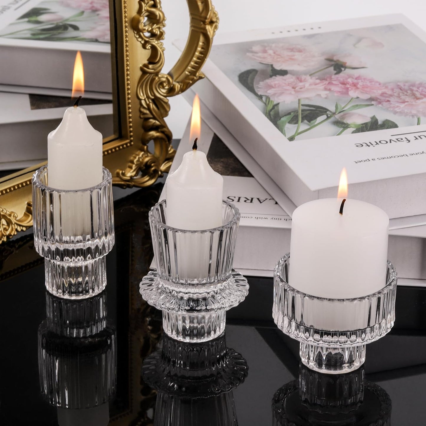 6PCS Taper Candle Holders Clear Glass Candlestick Holders Ribbed Glass Taper Candle Holders for Christmas Events Party Wedding Reception Table Centerpiece Decorations