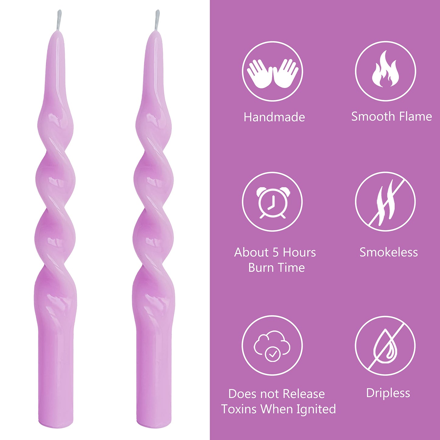 10 Inch Taper Candles Candle Sticks Unscented Handmade 2 Pack Smokeless Long Time Twisted Candlesticks for Wedding Decoration Yoga(Purple)