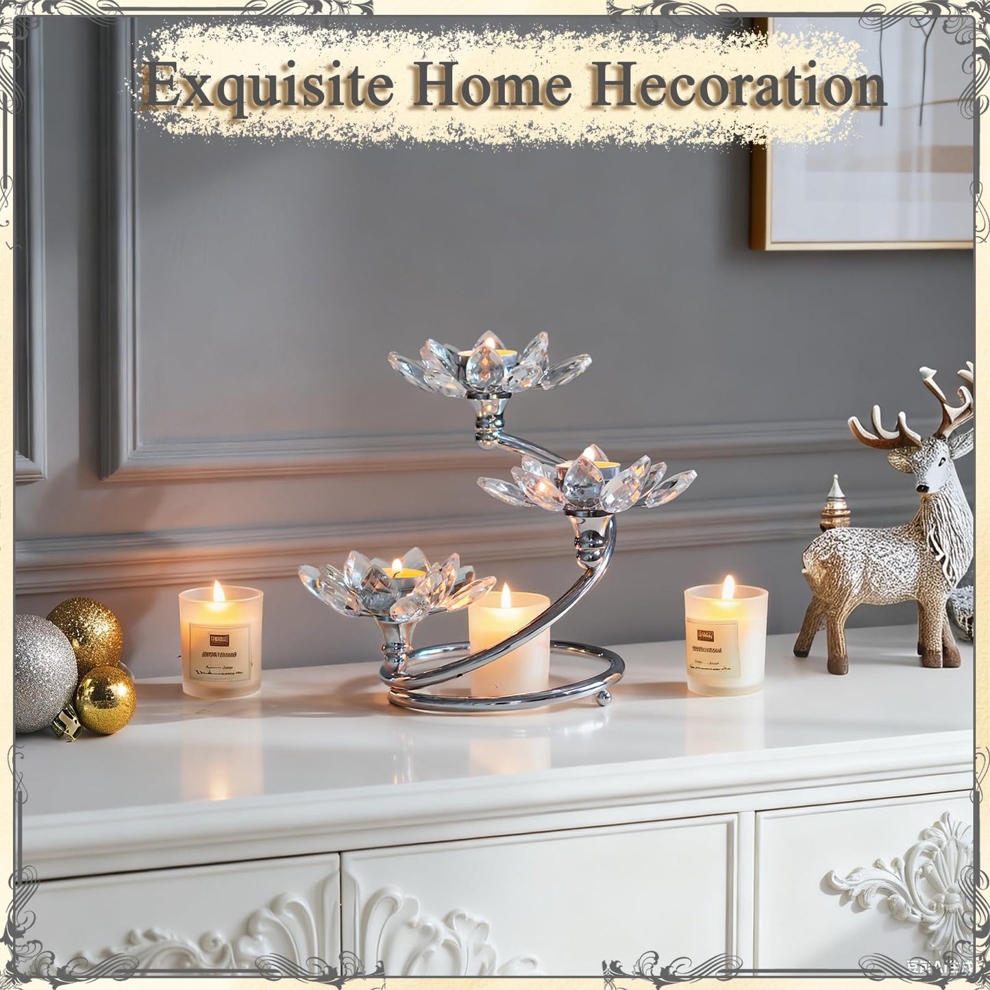 Kehail Silver 1 Pc Crystal Flower Shaped Candle Holder Set, 3-Arm Metal Votive Tea Light Candlestick for Table Centerpiece, Home Wedding Party Anniversary Decor