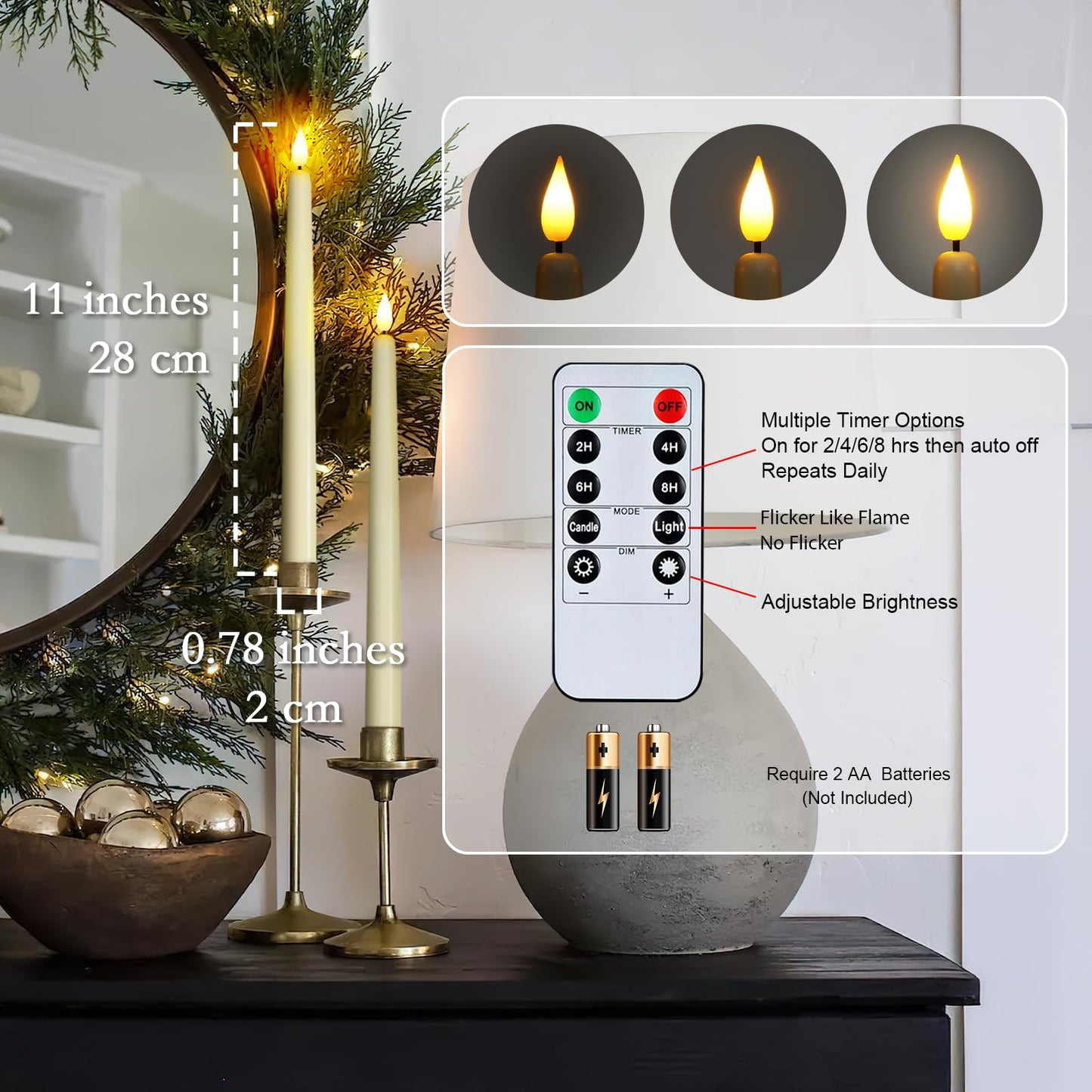 Homemory 48 Pcs Flameless Taper Candles with Remote Timer Dimmer, 11 inches Ivory Candlesticks Battery Operated, Plastic LED Taper Candles with Flickering Flame for Party Christmas Church Wedding