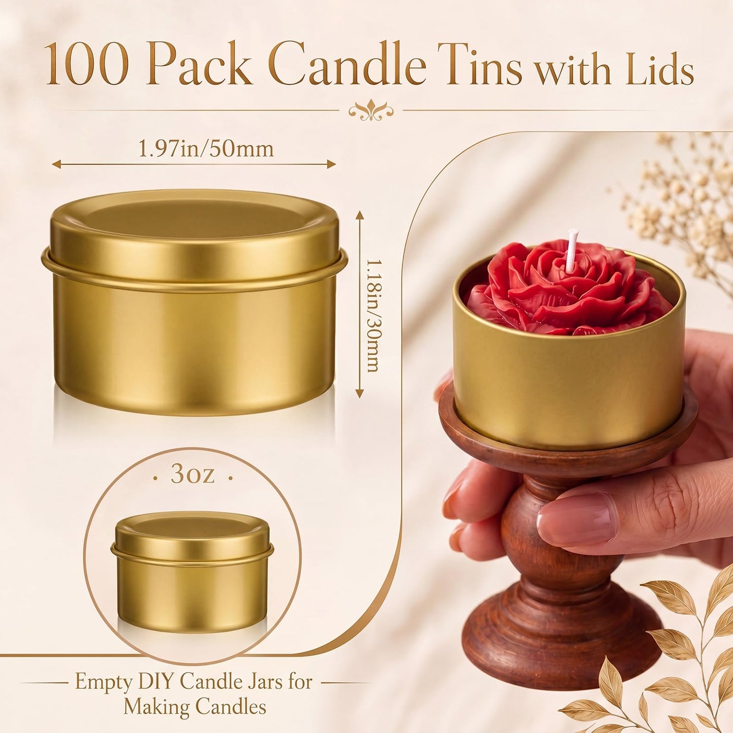 Suclain 100 Pack Gold Candle Jars for Making Candles Bulk, 3oz Mini Empty Candle Tins with Lids Heatproof Tinplate Metal Candles Containers for DIY Making, Arts & Crafts, Sample Storage, Party Gifts