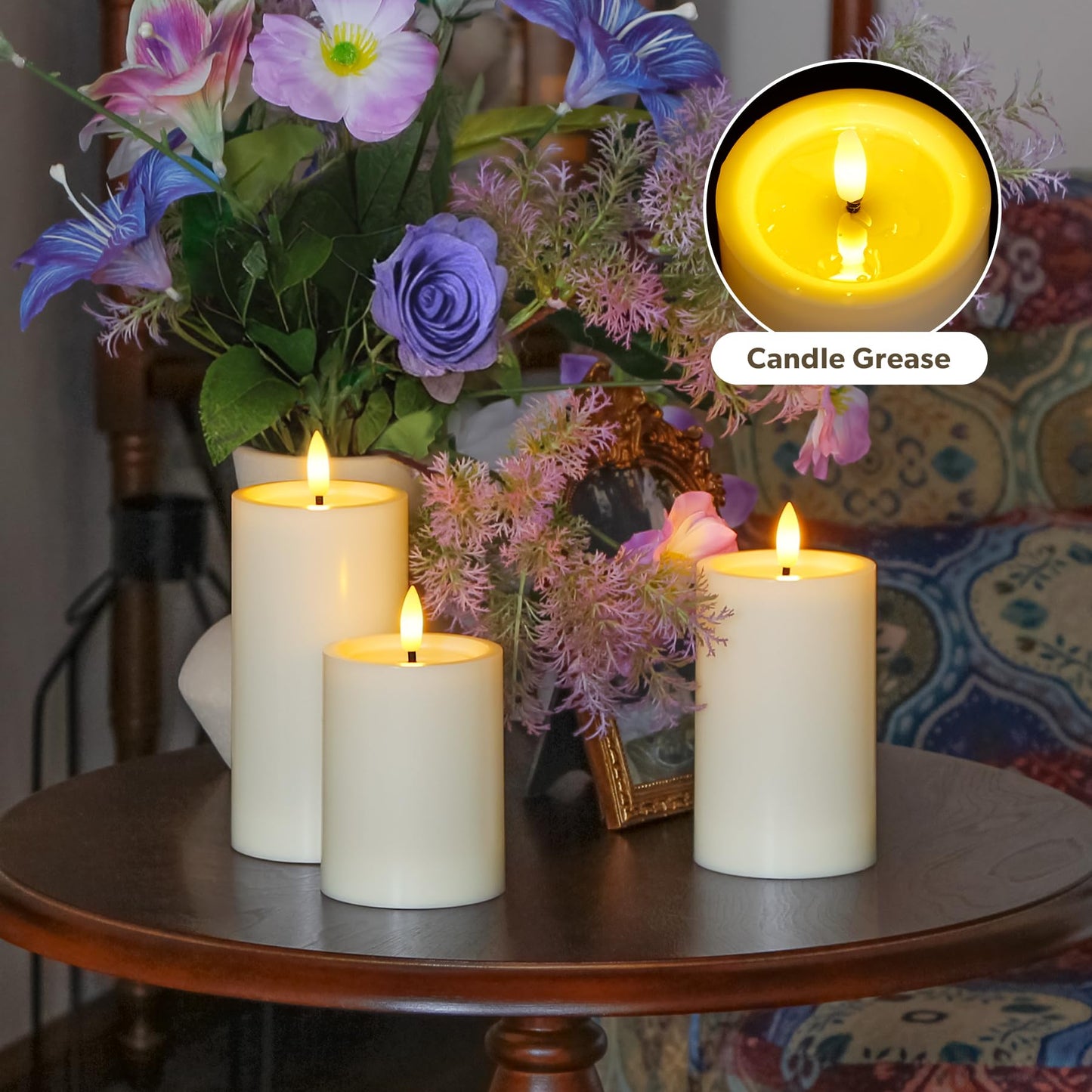 Yeelida Outdoor 4pcs Flameless Waterproof Candles with Handy Remote Control, Cycle Timer Battery Operated Candle Grease Effect LED Flickering Pillar Plastic Long Lasting (Ivory, 3" x4" 5" 6" 7")