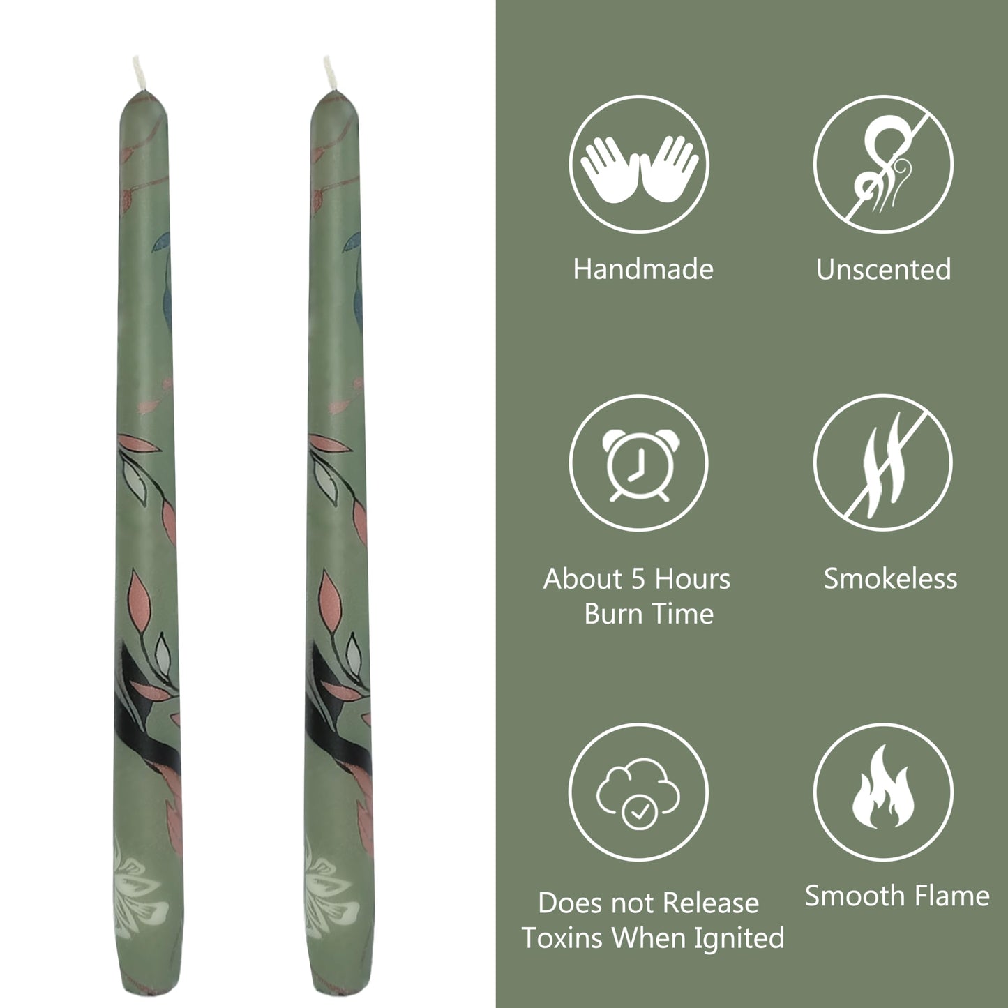 10 Inch Taper Candles Leaf Print Candle Sticks Handmade Set of 2 Unscented Long Candle Smokeless Tapered Candles for Meditation Wedding Spa(Green)