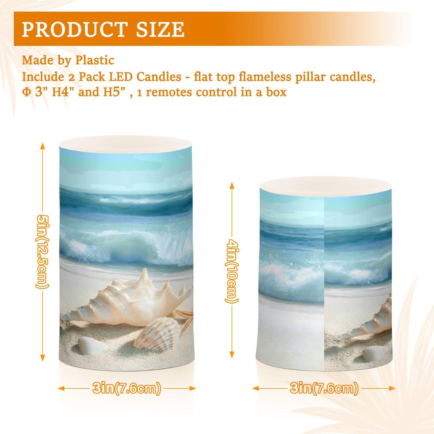 BOENLE Flickering Flameless Candles, Shells Summer Sandy Beach LED Candles with Remote Timer, Set of 2 Battery Operated Candle for Valentine Wedding Birthday