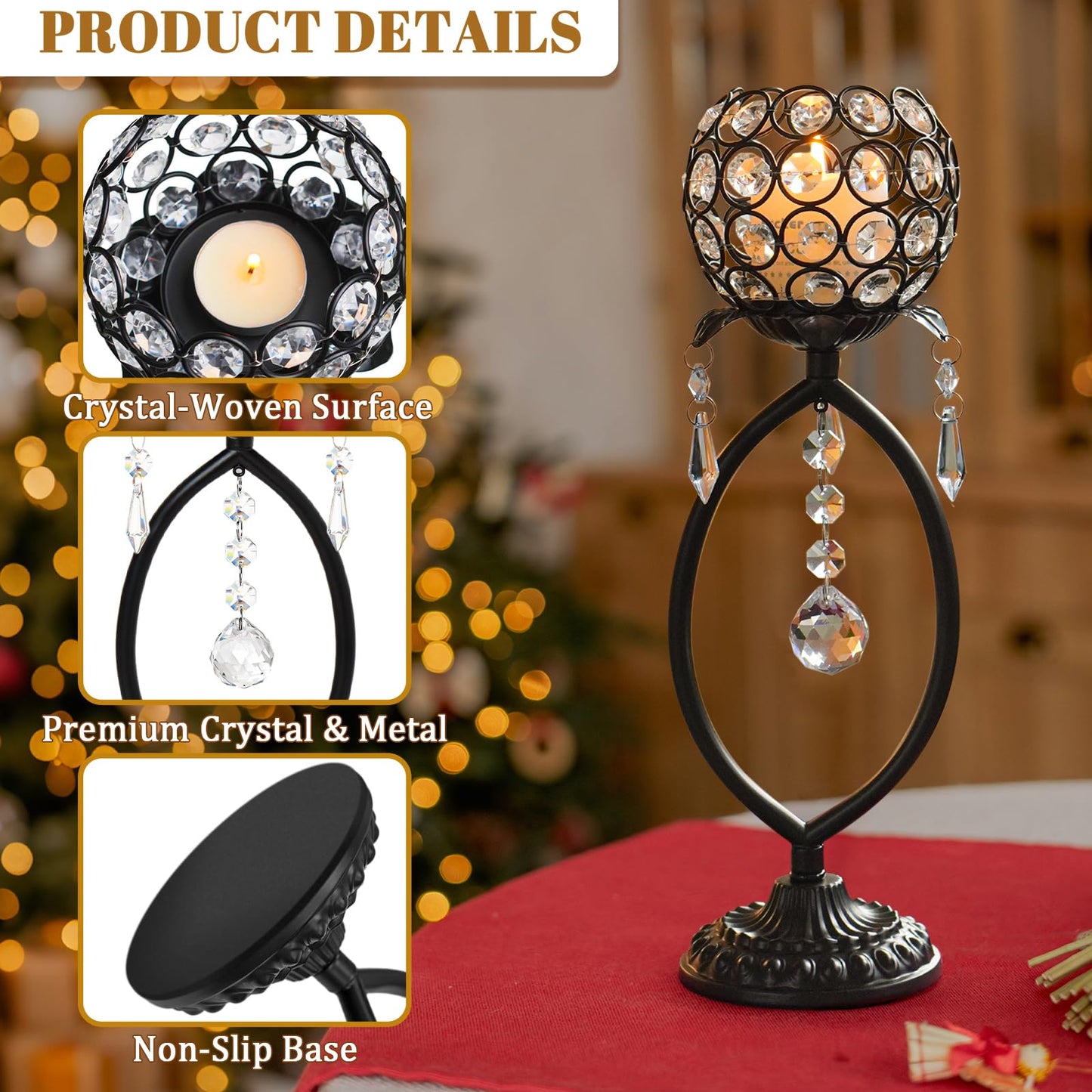 kehail 2 Pcs Elegant Metal Crystal Tea Light Candle Holders with Crystal Pendants, Hollow Design - Wedding Table Centerpieces for Anniversary Birthday Party, Home Decor (2, Black)