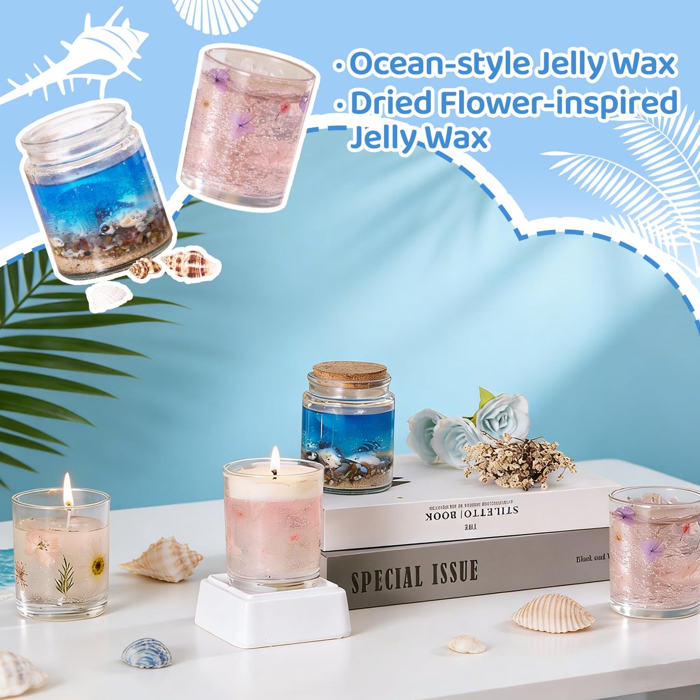 DIY Jelly Wax Candle Making Kit with Jars - Complete Transparent Gel Candle Maker Kit, Ocean Theme Gel Kit & Floral Jelly Wax Set, Includes Dried Flowers, Shells & Essential Oils