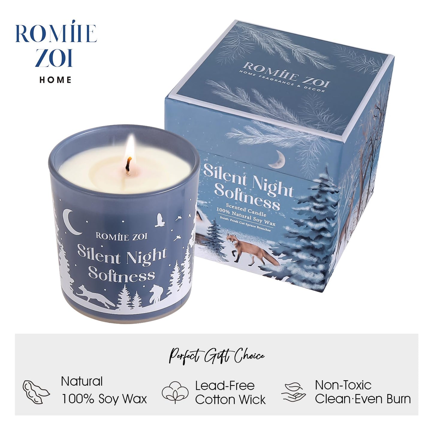 ROMIIE ZOI Christmas Scented Jar Candle - 6oz Soy Wax Candle - Silent Night Softness Infused with Fresh Cut Spruce Branches Aroma - with Beautiful Keepsake Box Special for Christmas/Holiday Gifts