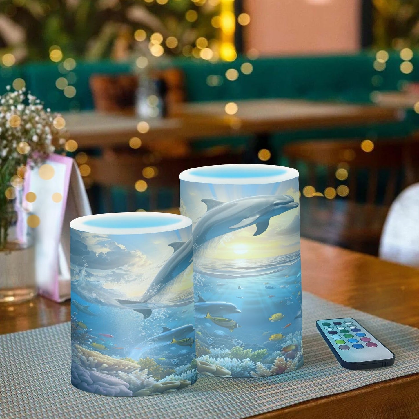 panksolu Flickering Flameless Candles, Sea Leaping Dolphins LED Candles with Remote Timer, Battery Operated Candle for Valentine Wedding Halloween Christmas Decor - Set of 2